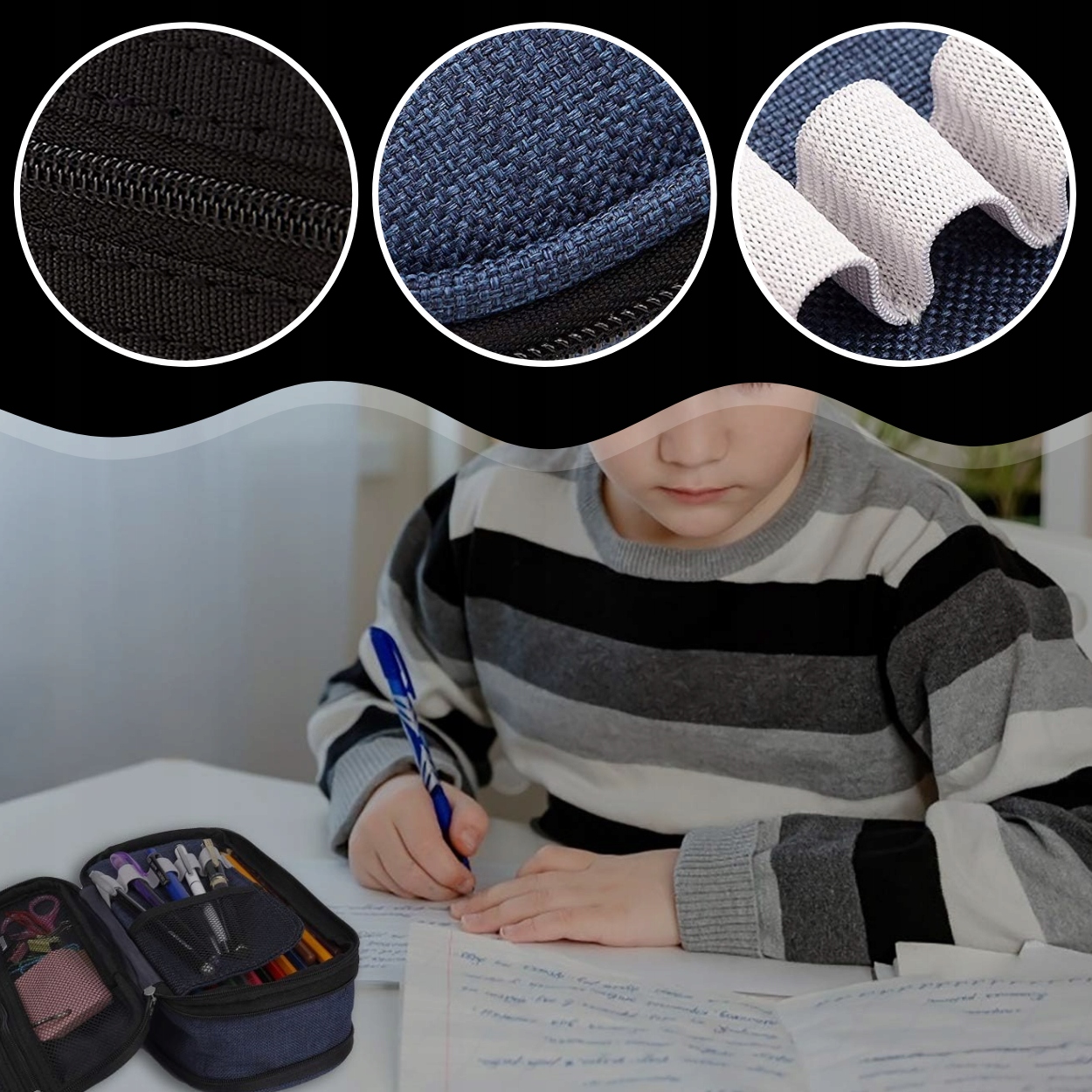 PIÓRNIK SZKOLNY DO SZKOŁY GRANATOWY DO PLECAKA TORNISTER 3W1 22cm ORGANIZER Marka bez marki