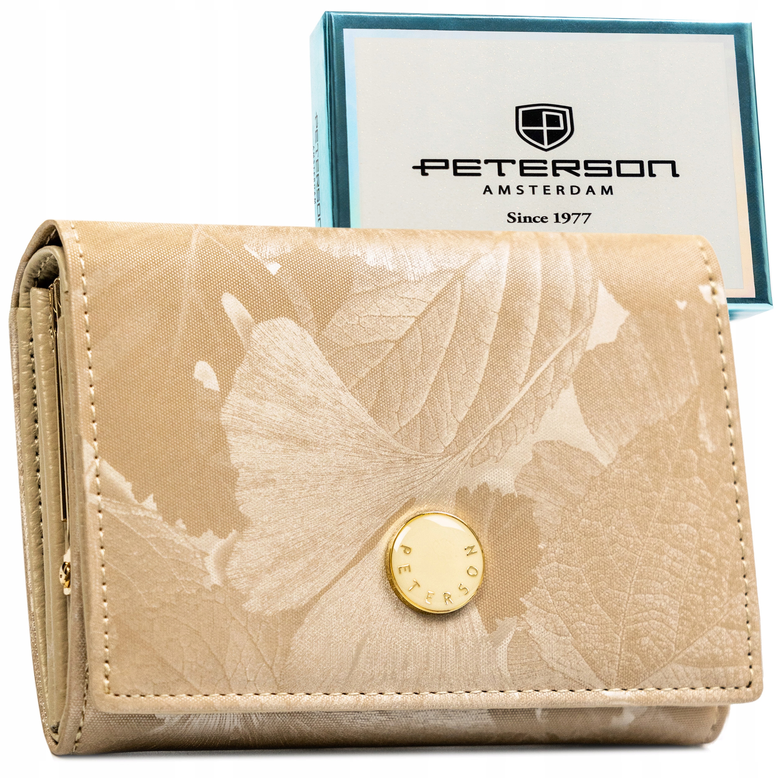 Portfel damski skórzany Peterson średni wzór liście Rfid