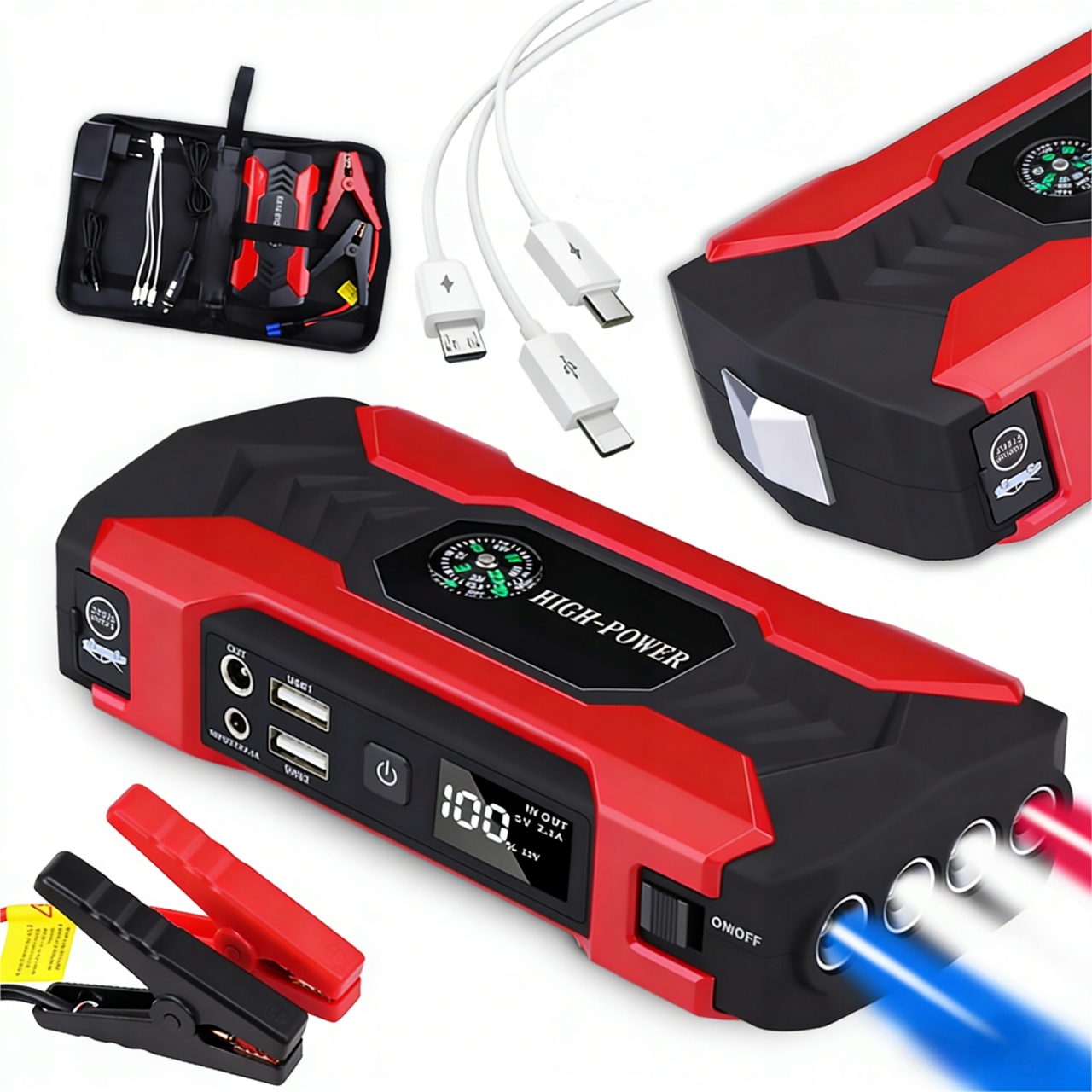 Jump Starter Silný Start Booster Powerbank Svítilna Kladivo Kabely Sada