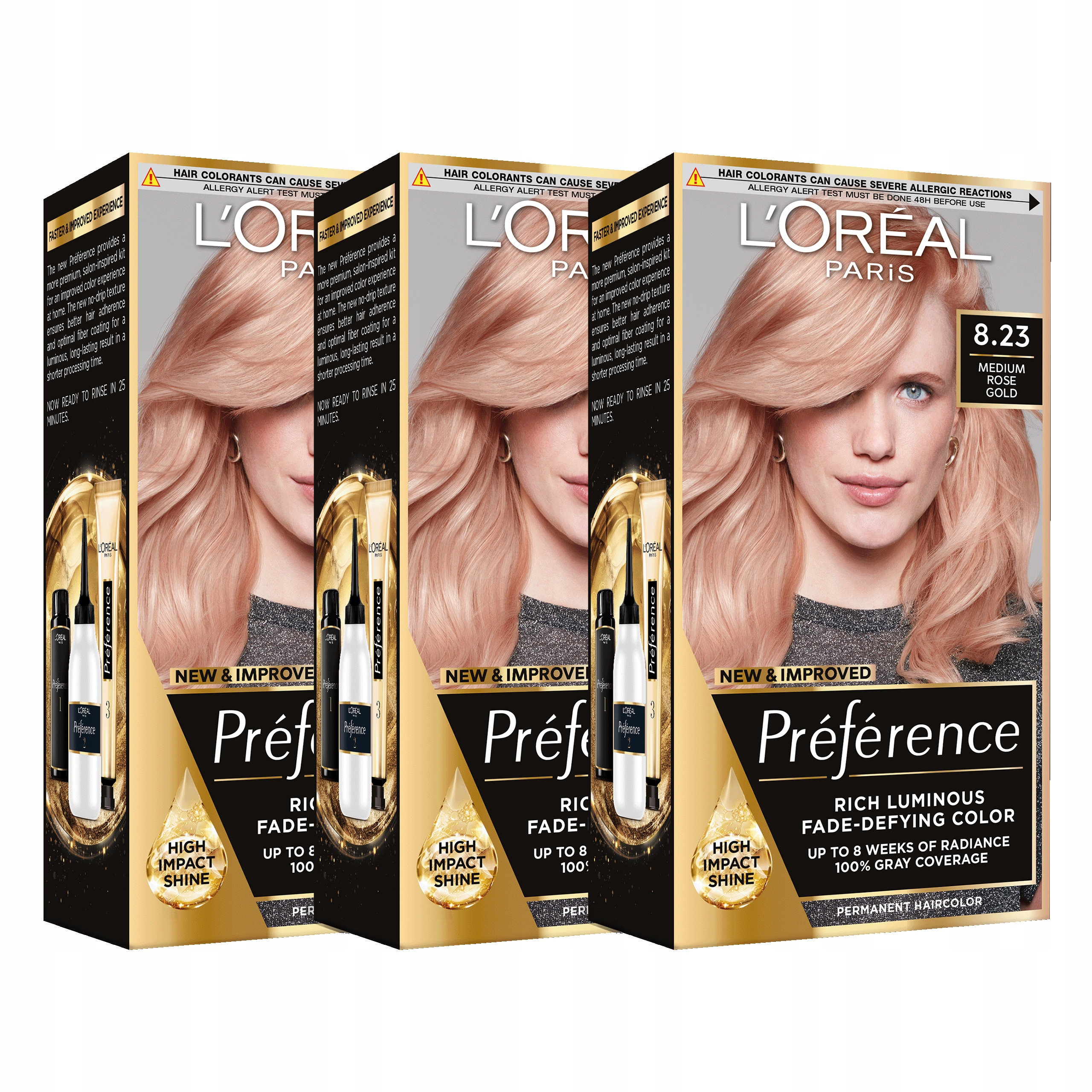 Zestaw 3x L'Oréal Preference Farba do Włosów 8.23 Santorini Różowe Złoto