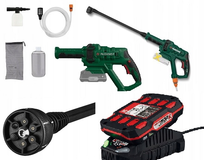 Akumulatorowa myjka ciśnieniowa 20 V Parkside z akumulatorem i ładowarką