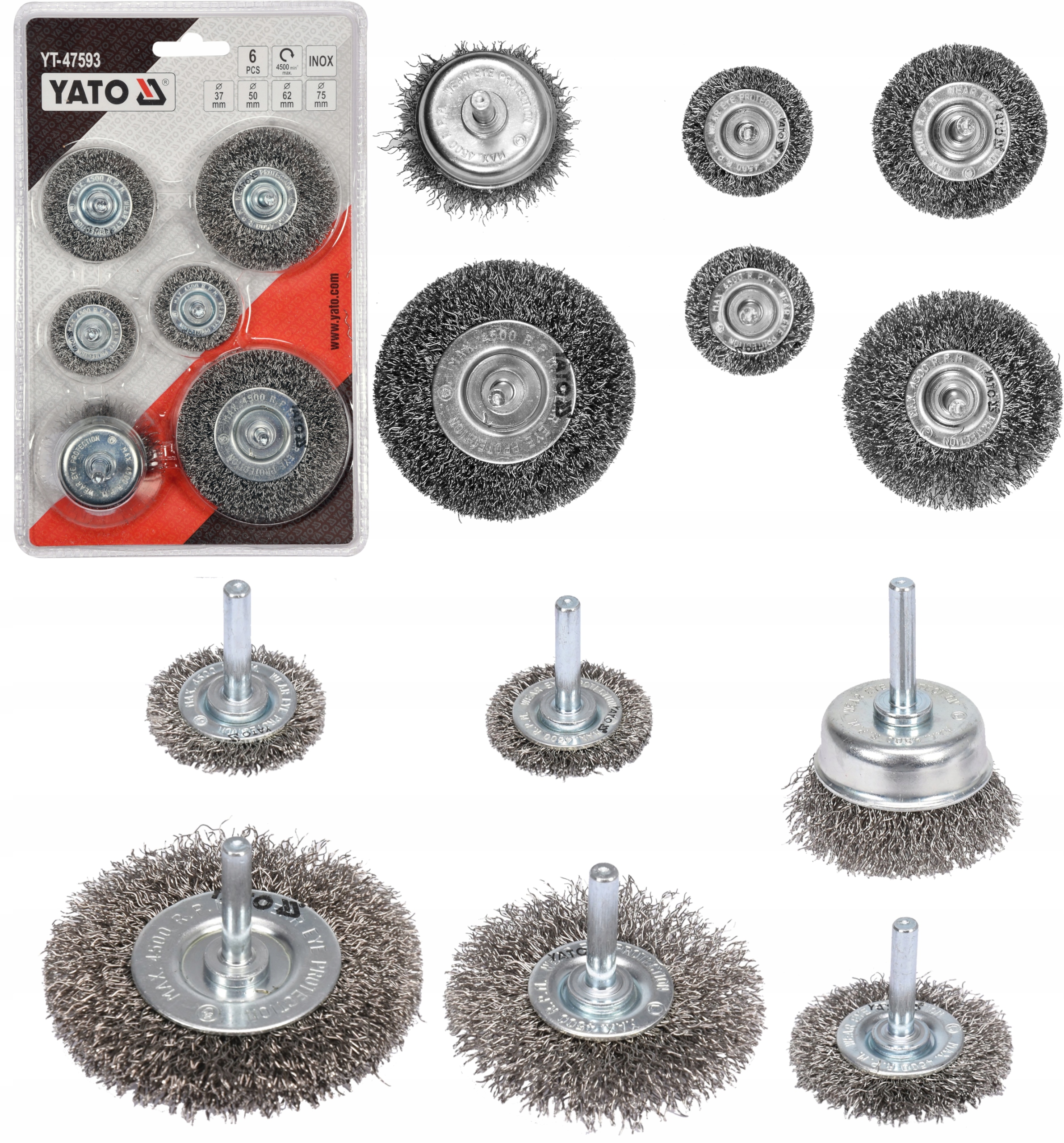 SZCZOTKI DRUCIANE YATO INOX TRZPIEŃ 6MM 6 SZT NA WIERTARKĘ DO METALU