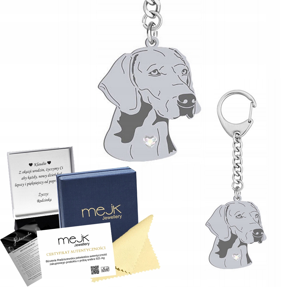 Stříbrný Přívěsek Na Klíče s psem Výmarský výžel Weimaraner Stříbro 925 Gravírování Bonus
