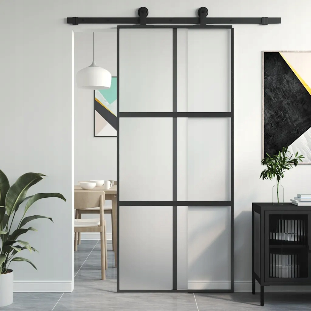 Posuvné dveře černé 90 x 205 cm tvrzené sklo a hliník Černý 155208