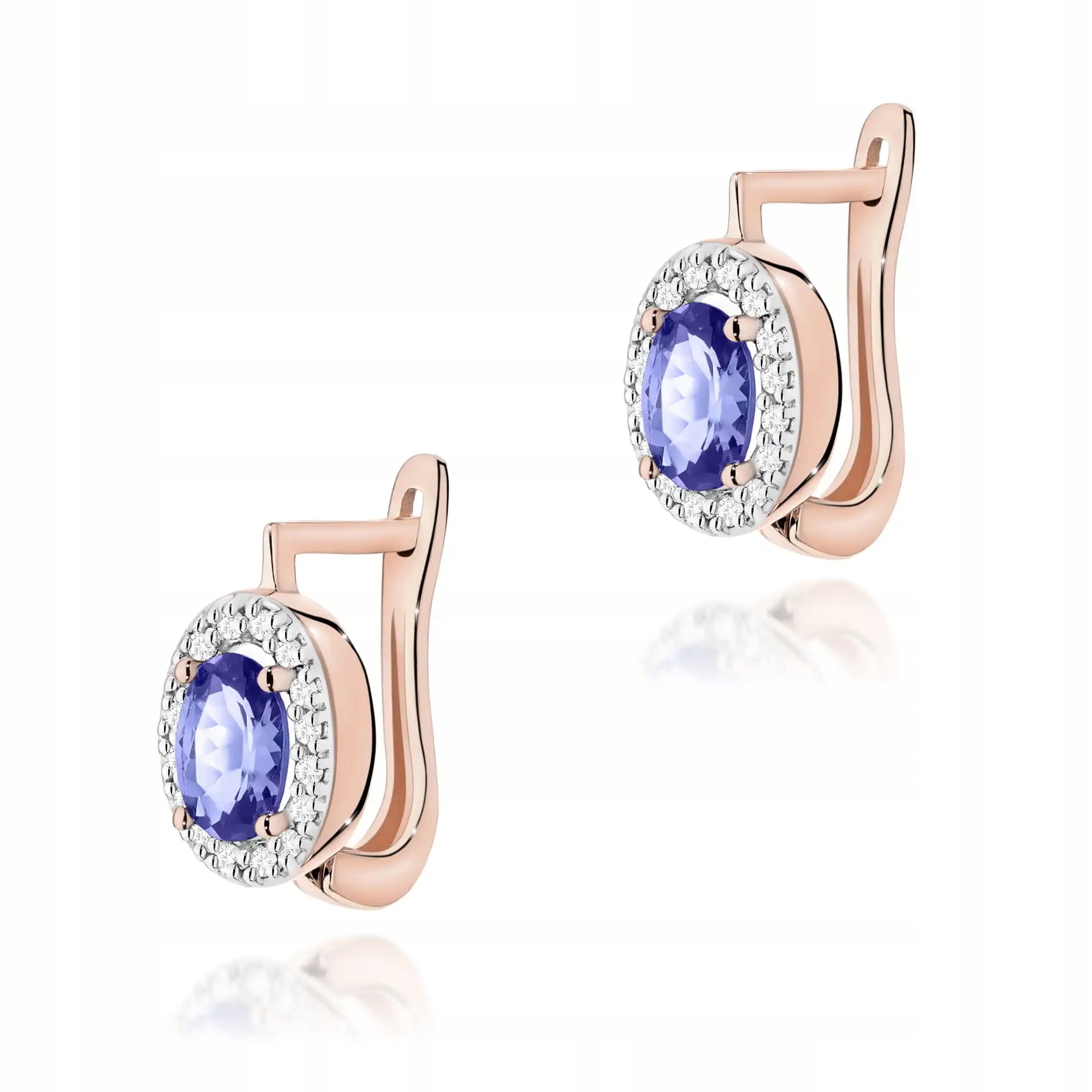 Dámské zlaté náušnice 585 s tanzanitem, růžové zlato, efektní módní vzor