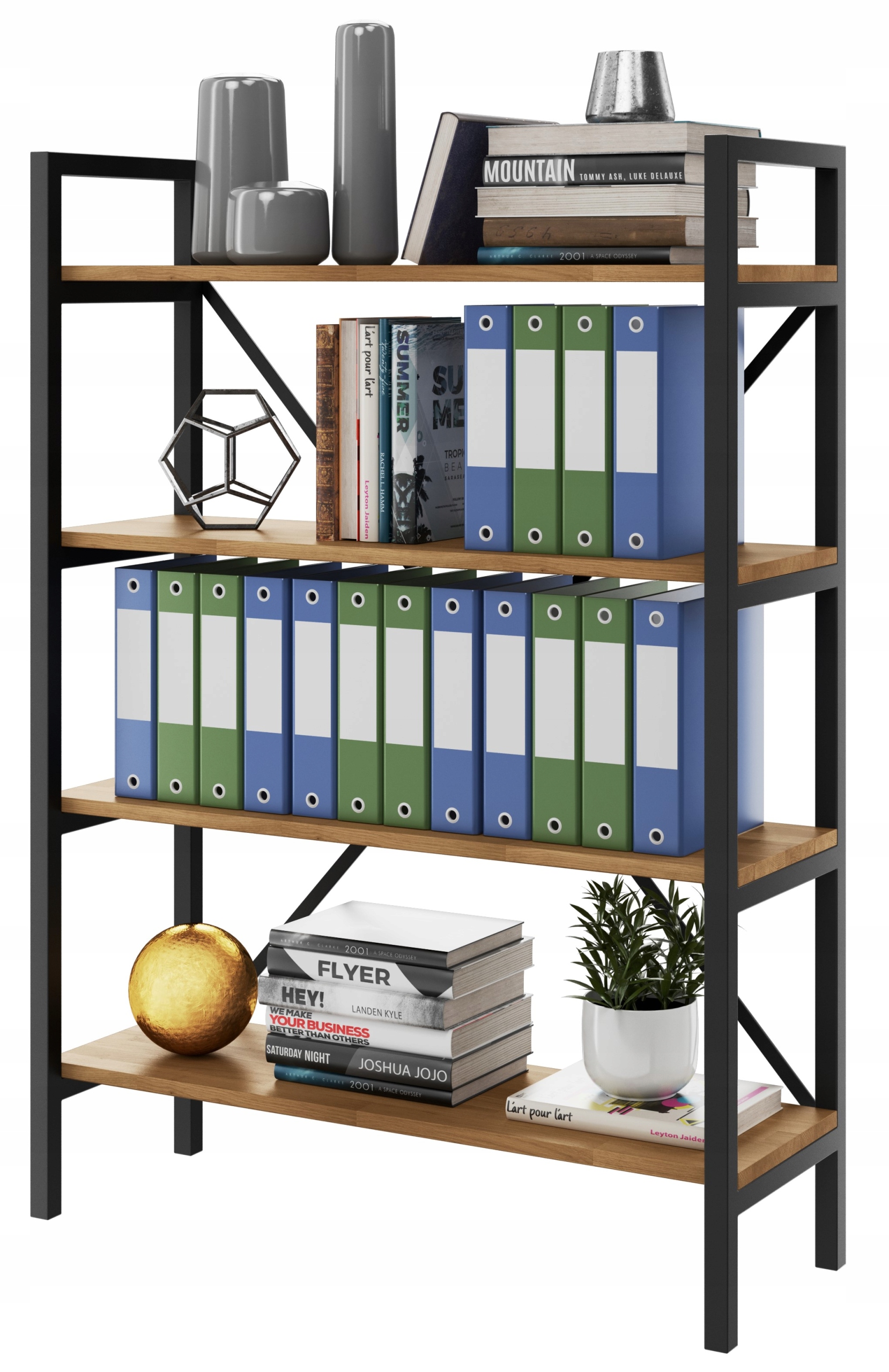 Loftový kancelářský regál na segregátory, kov a dub Medium-office D4 120x30 cm