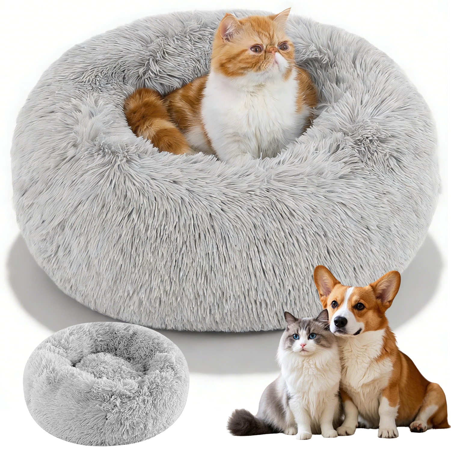 Levně 60 CM Kulatý Tvar Pelíšek Pro Psa Kočku Chlupaté Měkké Potah Šedé