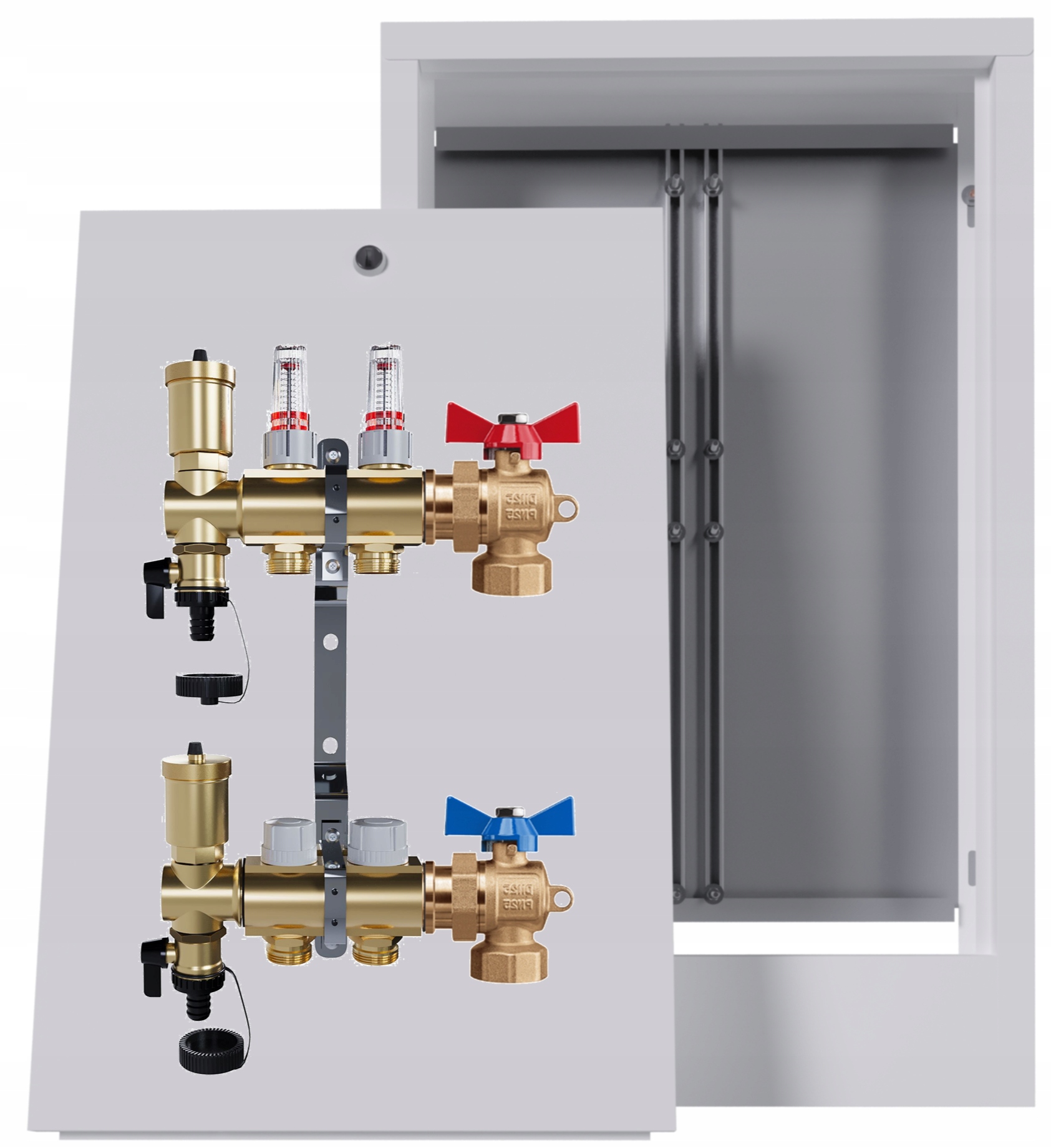 Mosazný rozdělovač podlah 2 okruhy nástěnná skříňka Kulový Kohout