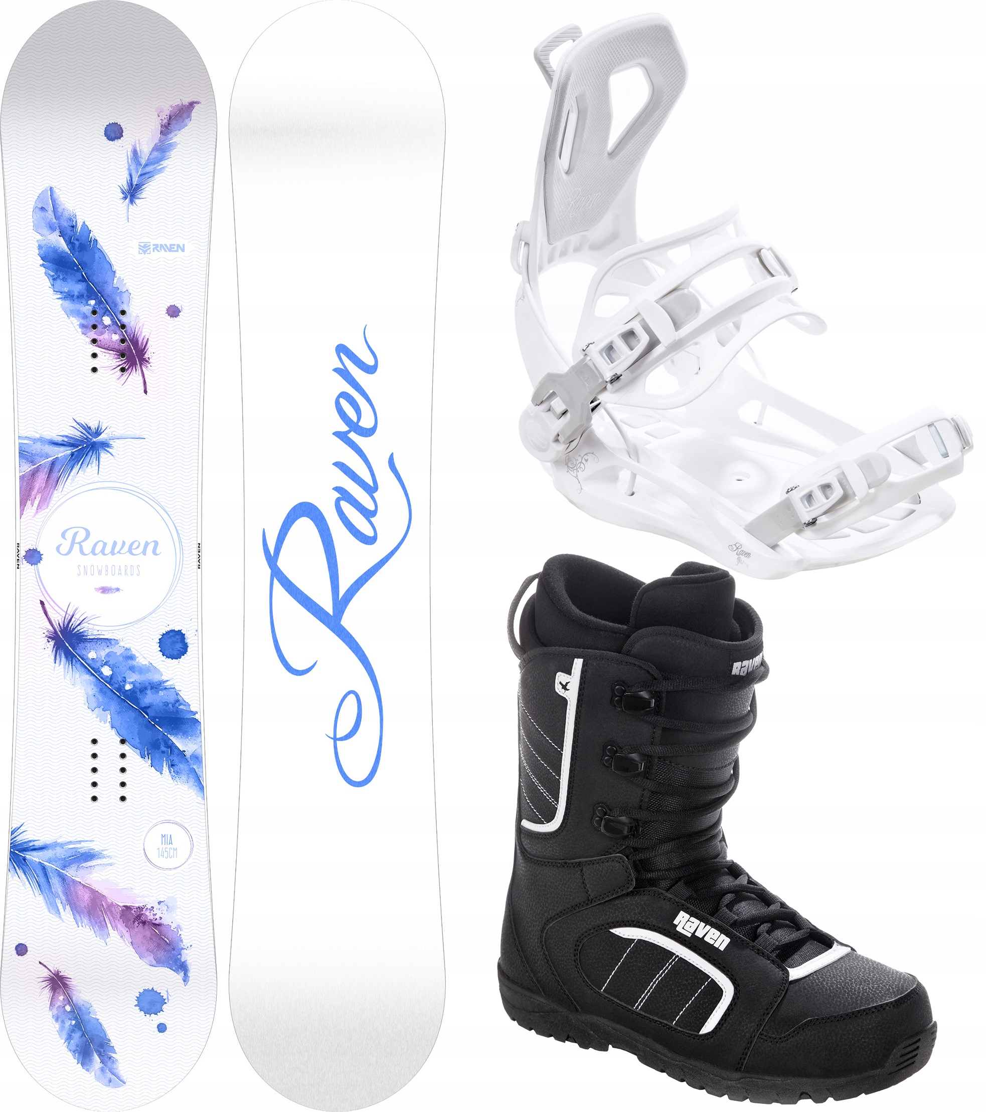 Zestaw snowboard Raven Mia White 150cm wiązania FT360 buty Target