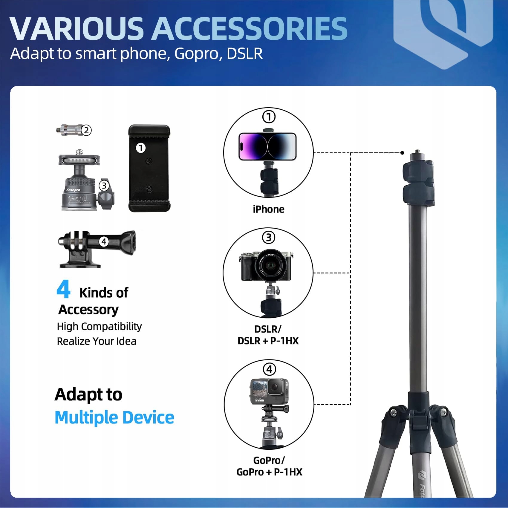 FOTOPRO Statyw 208CM Z Głowicą 360° Do Aparatu I Telefonu — miniatura 3