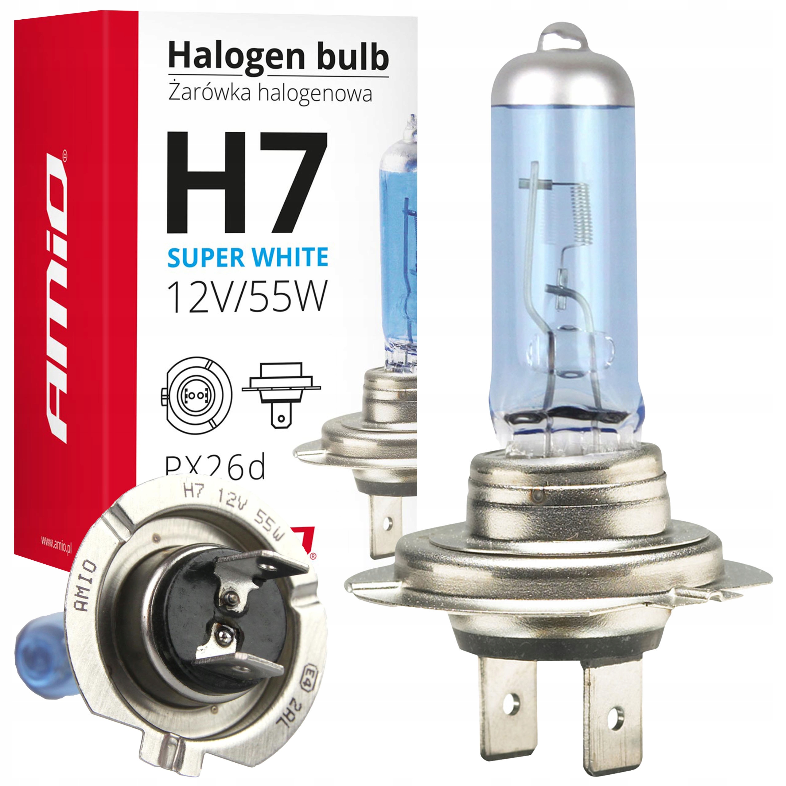 Żarówka halogenowa H7 55W 12V filtr Uv E4 White Żarówki AMiO 1 sztuka