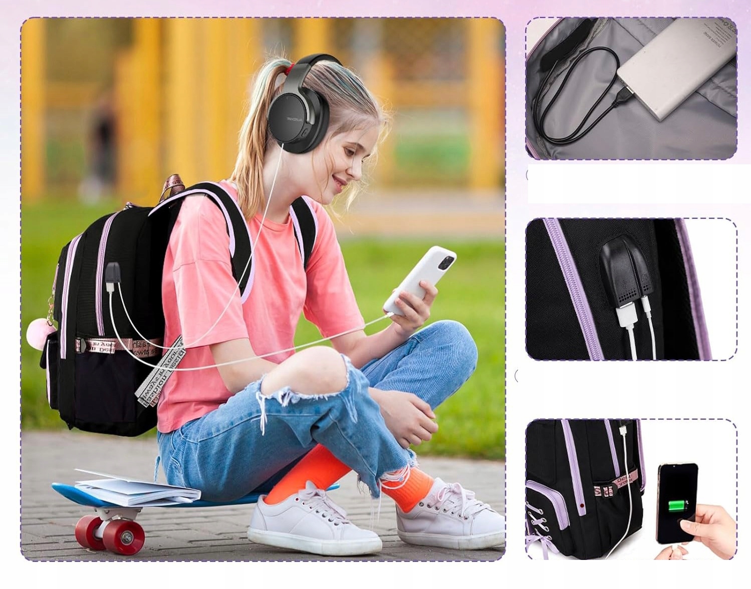 PLECAK SZKOLNY MŁODZIEŻOWY TORNISTER PIÓRNIK LUNCHBOX ŚNIADANIÓWKA S CZARNY Typ wielokomorowy