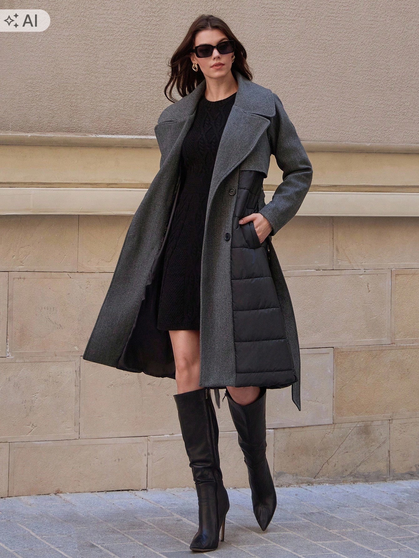 Shein Šedý Prošívaný Kabát S Límcem A Páskem Typu Tall 42 1