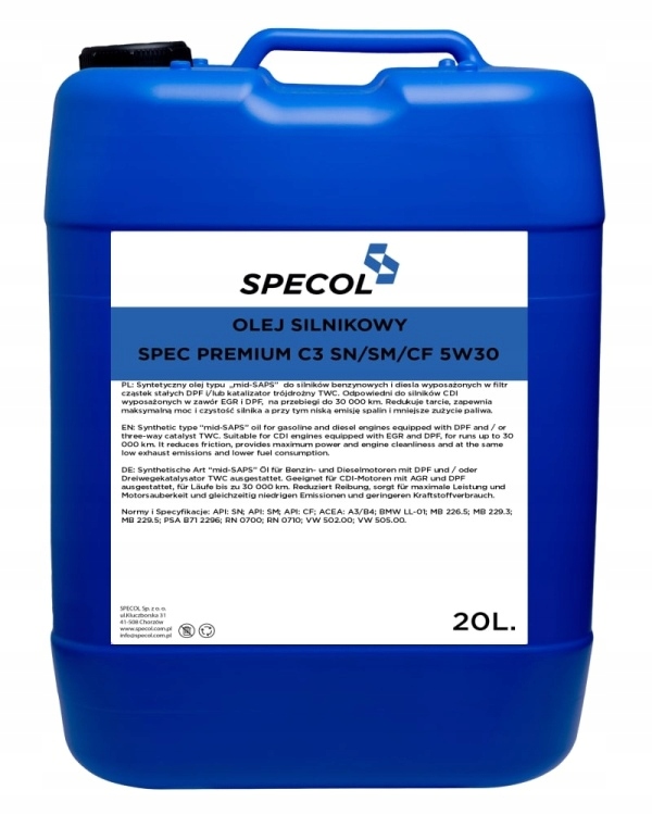 Specol Olej 5V30 20L Premium C3 Sn Plus/sm/cf 502.00 505.00 505.01 DEX2