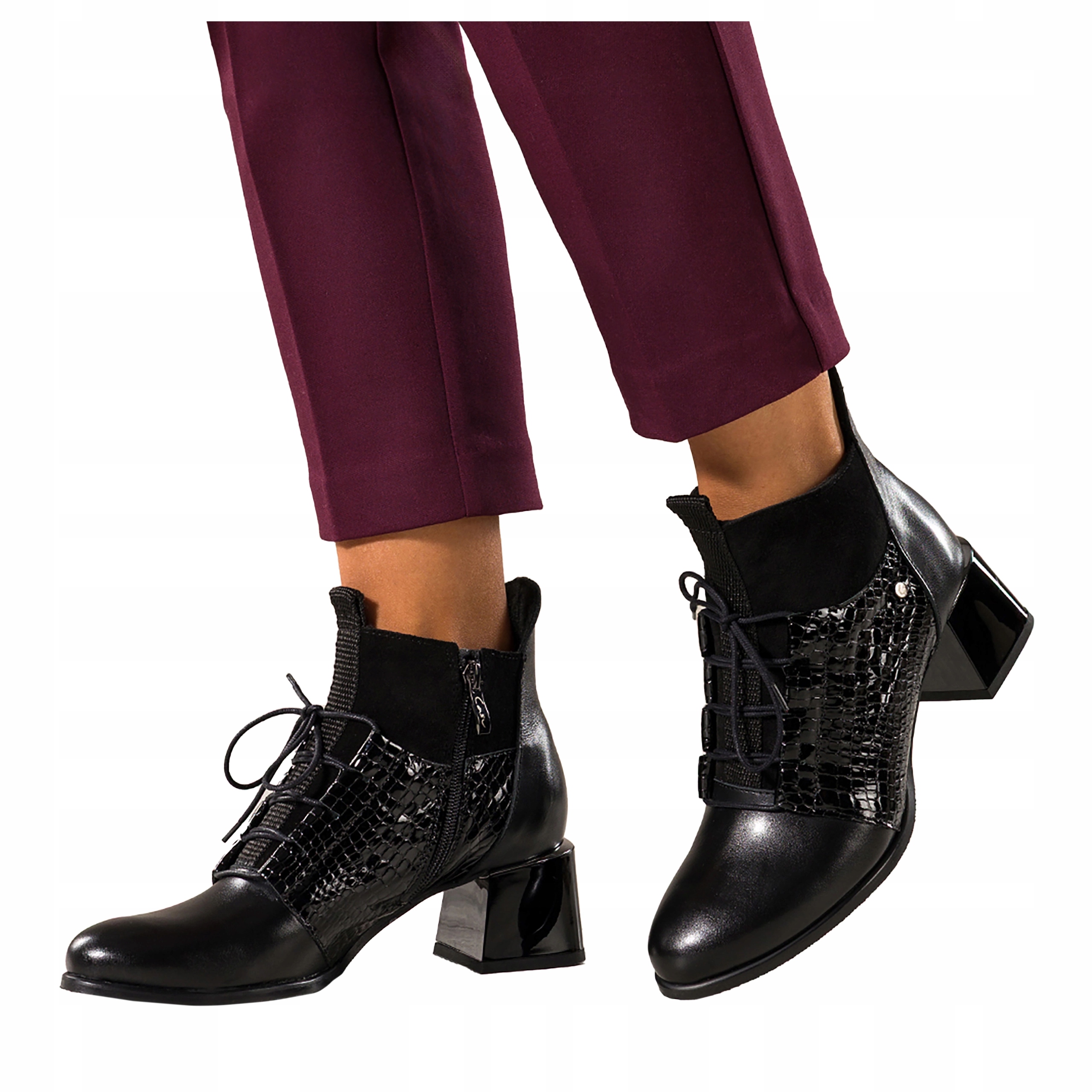 Kotníkové Boty Černé Kožené Dámské Pohodlné Ozdobný Blokový Podpatek Šněrovací Módní vel. 41