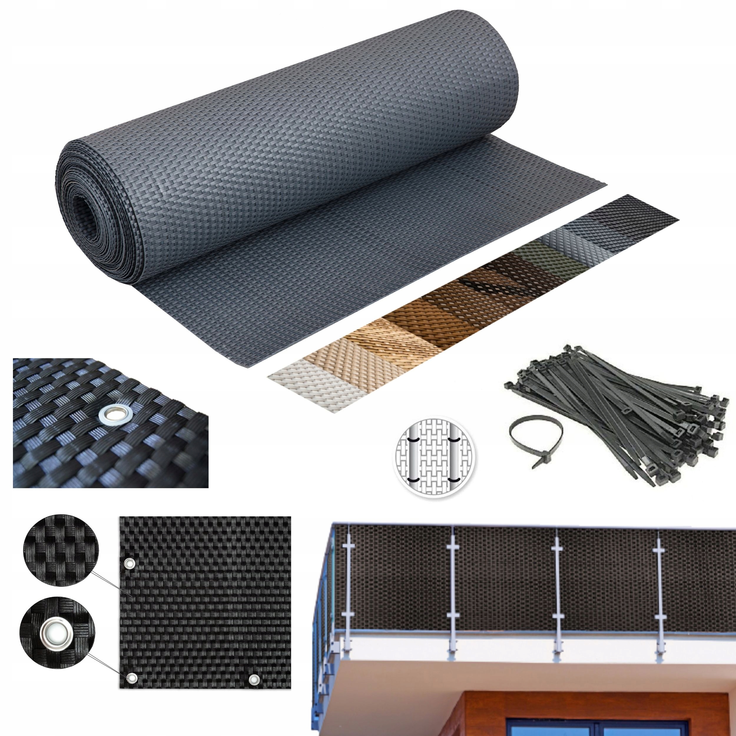 

Osłona na balkon oczkowana Mata rattanowa Czarna