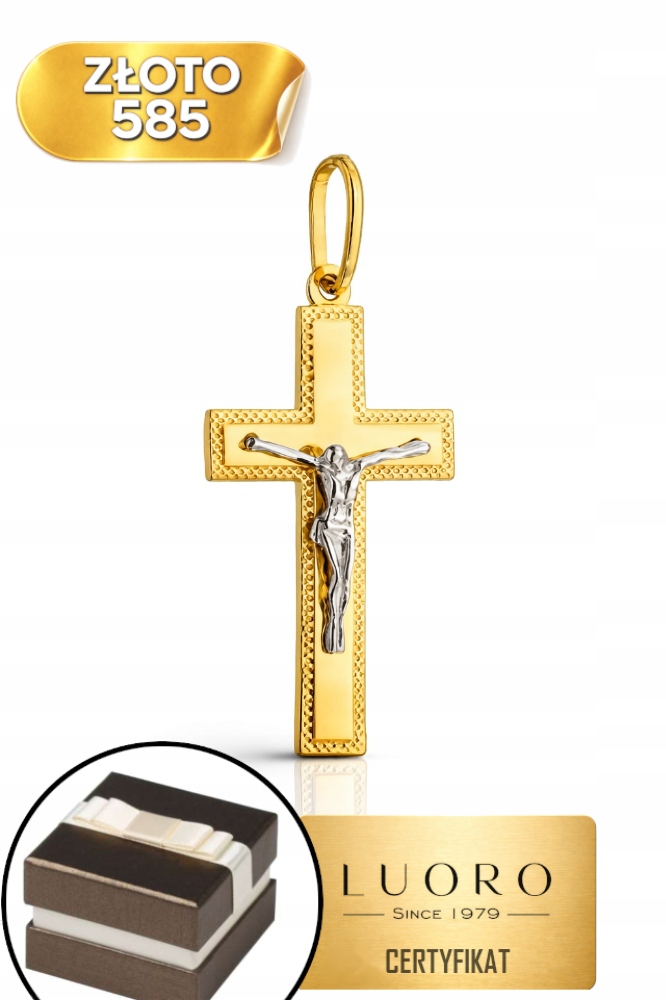 Zlatý Křížek 585 14K Zdobený Diamantem, Žlutý Přívěsek 3,5 CM