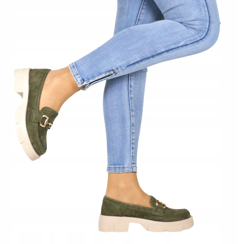 LOAFERSY KHAKI Z KLAMRĄ MOKASYNY NA PLATFORMIE SKÓRA GRUBA PODESZWA ZIELONE