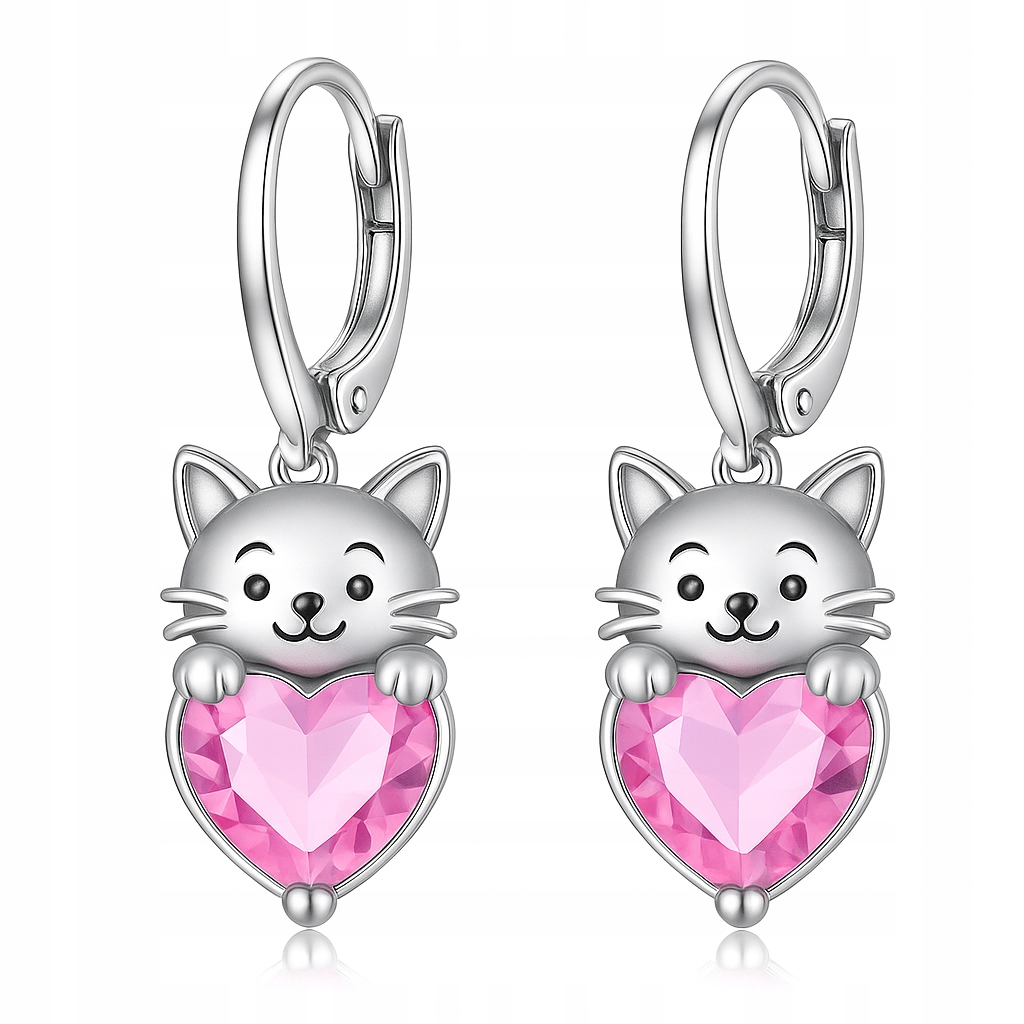 Srebrne kolczyki wiszące angielskie kotki serce cyrkonia srebro próba 925