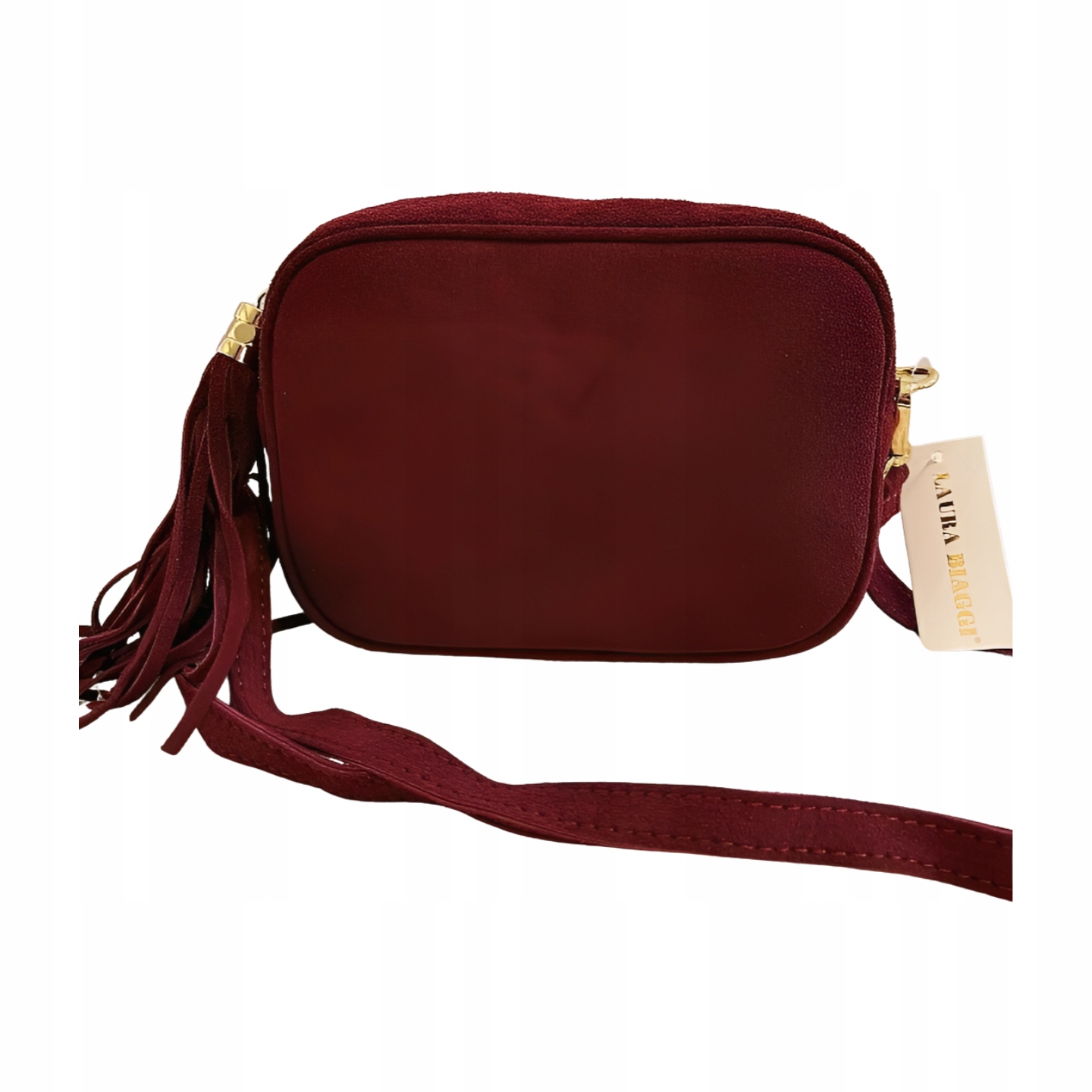 Vínově červená semišová kufřík Laura Biaggi s třásněmi