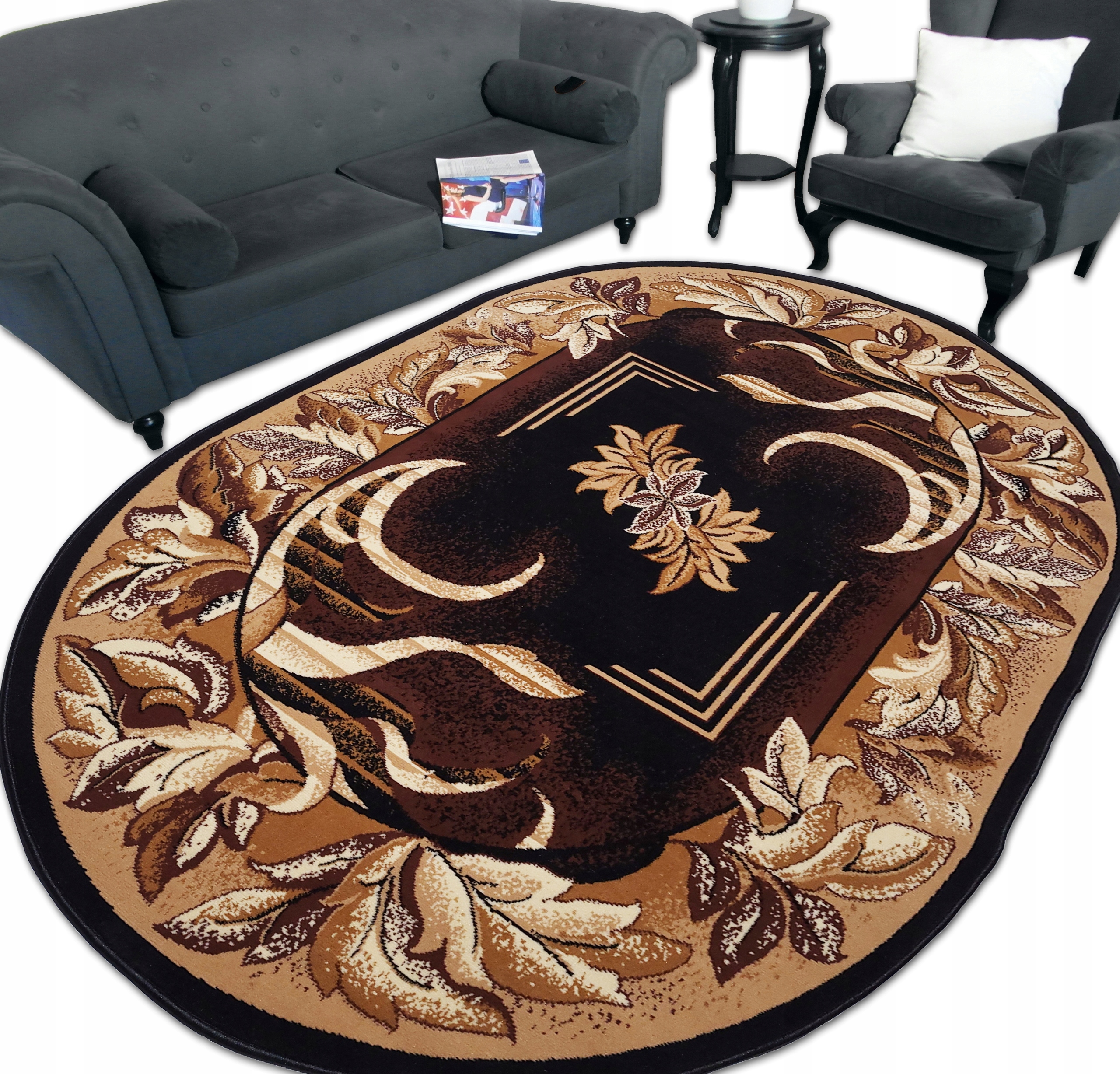 Dywan Owalny 200x300 Stylowy Gęsto Tkany Alfa Bcf Piórka Brąz Beż Glamour