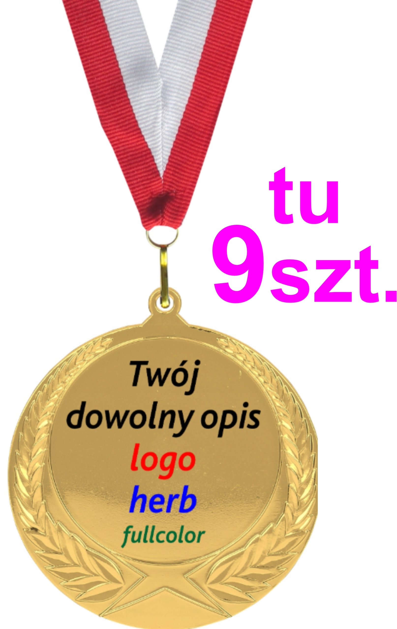 Zlatá kovová medaile 7 cm Libovolný Popis jednostranná stuha Tu Kpl. 9 Kusů