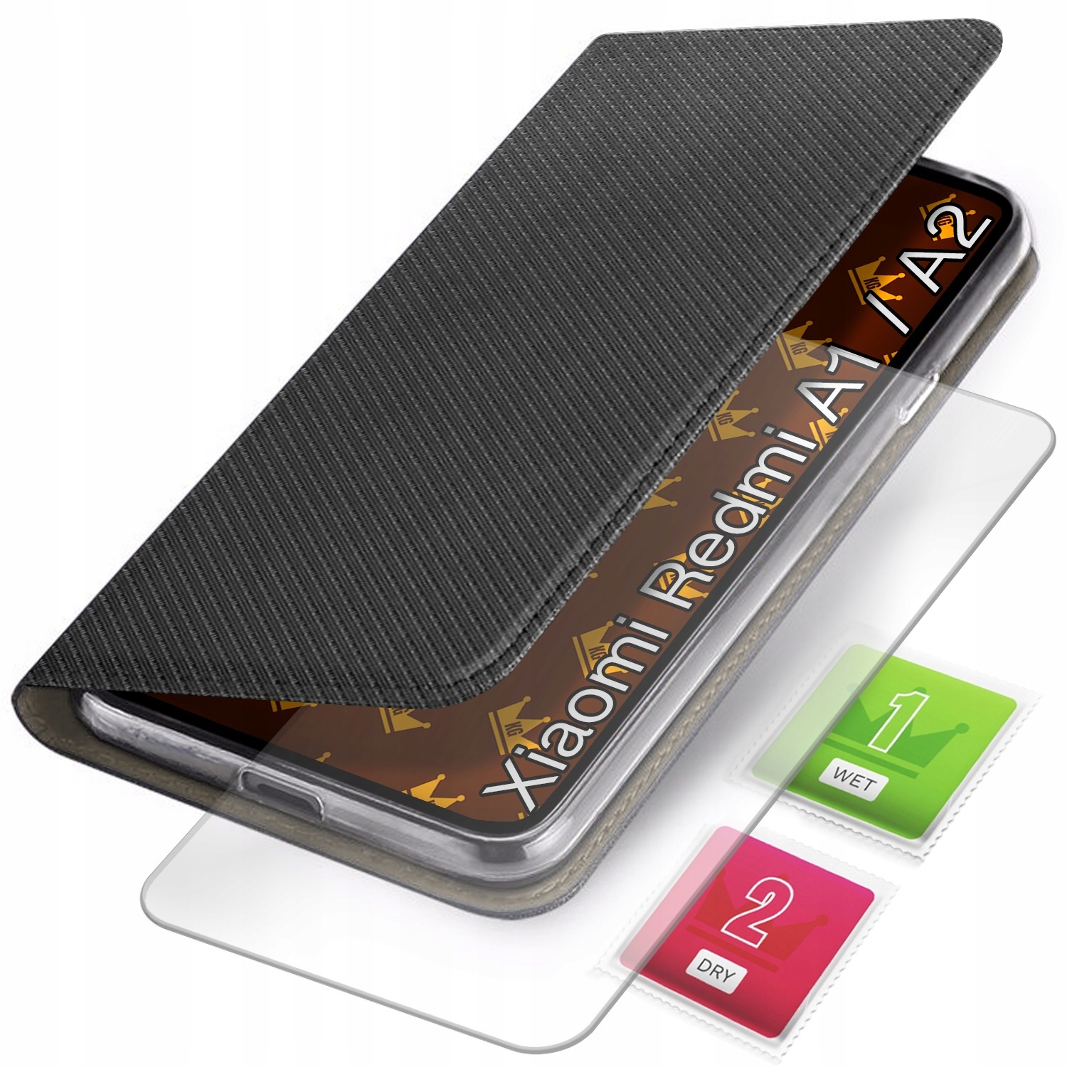 Etui Z Klapką Do Xiaomi Redmi A1 Czarne Zamykane Magnetyczne Szkło 9H