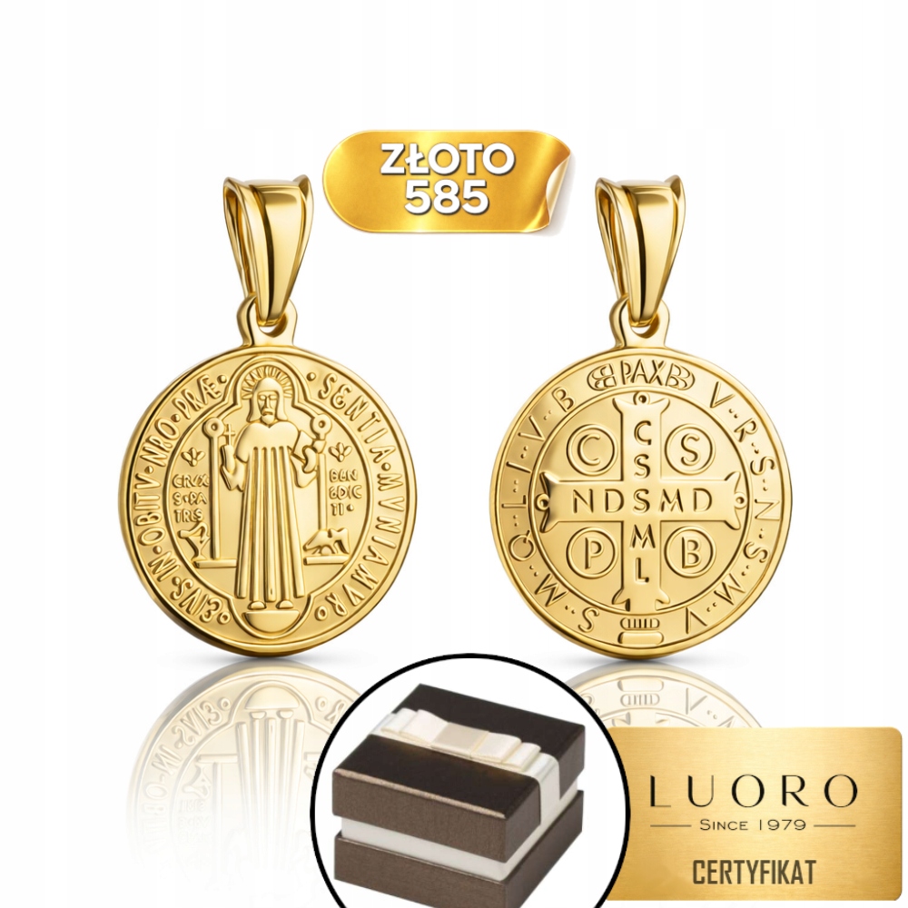 Zlatý Medailon 585 14K Oboustranný Svatý Benedikt 25 MM Elegantní Dárek