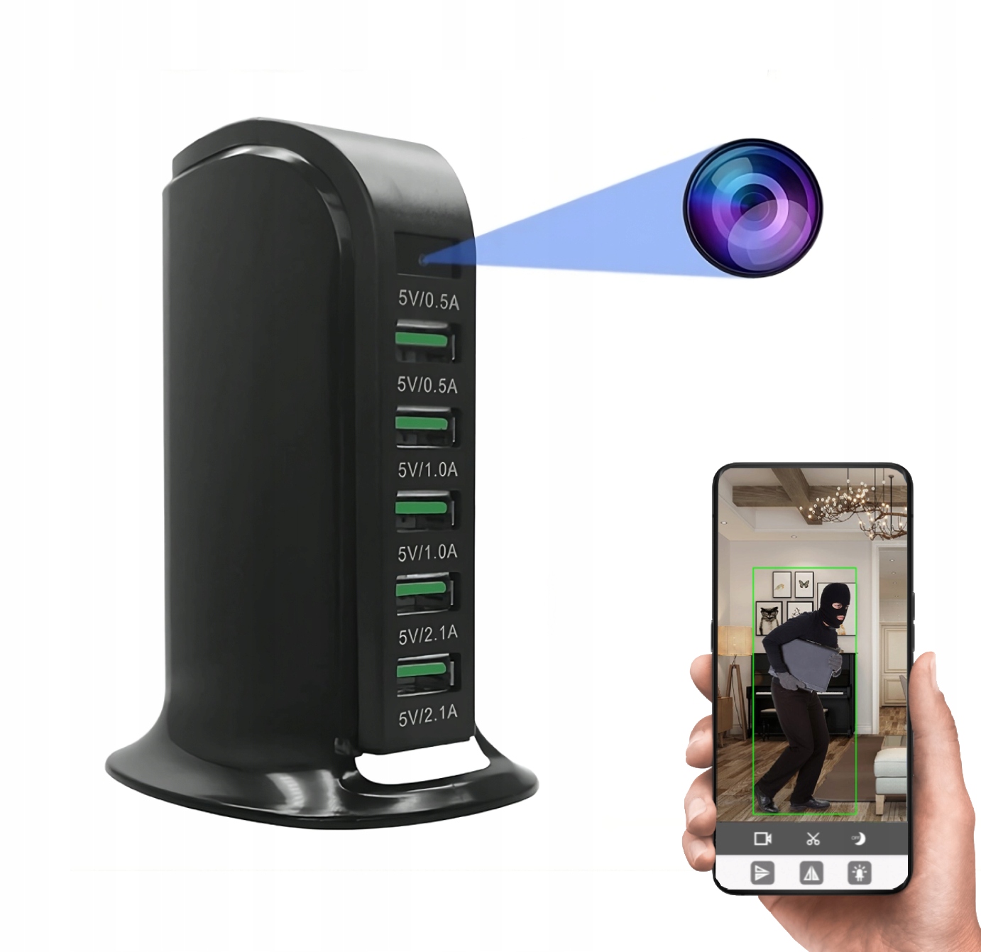 Skrytá Kamera WiFi V Nabíječce 5xUSB Špionážní Nabíječka Živý Náhled