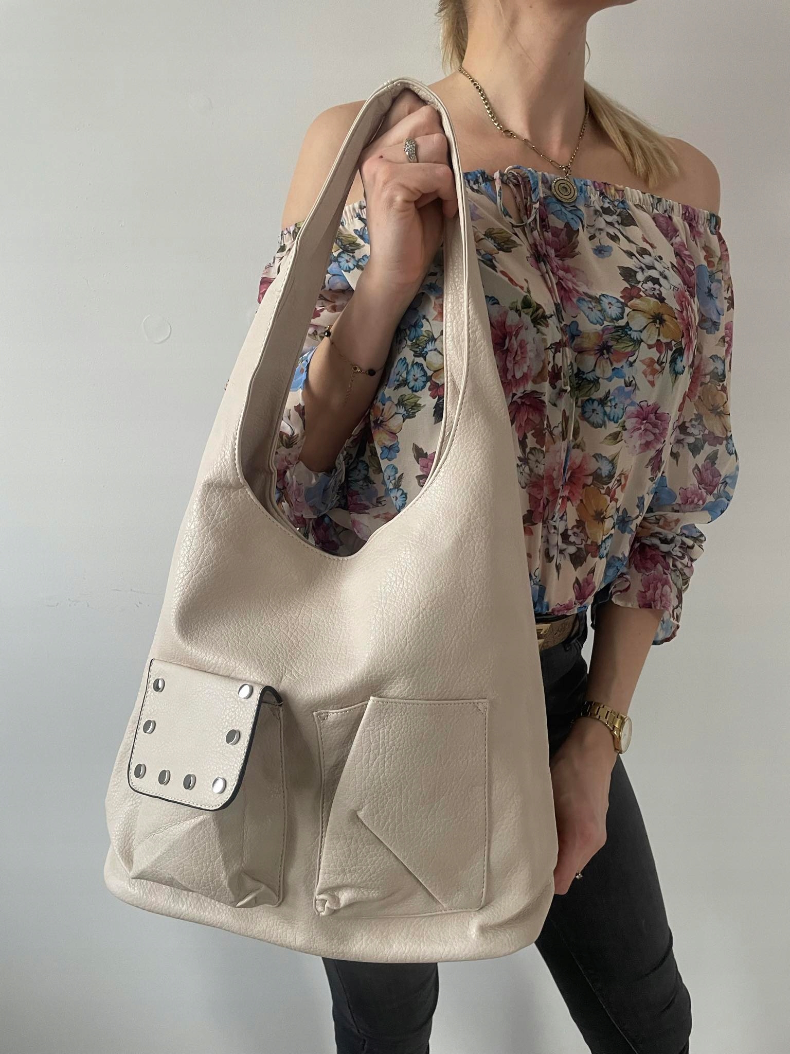 TOREBKA DAMSKA WOREK A4 dżety BEŻOWA Model worek shopper