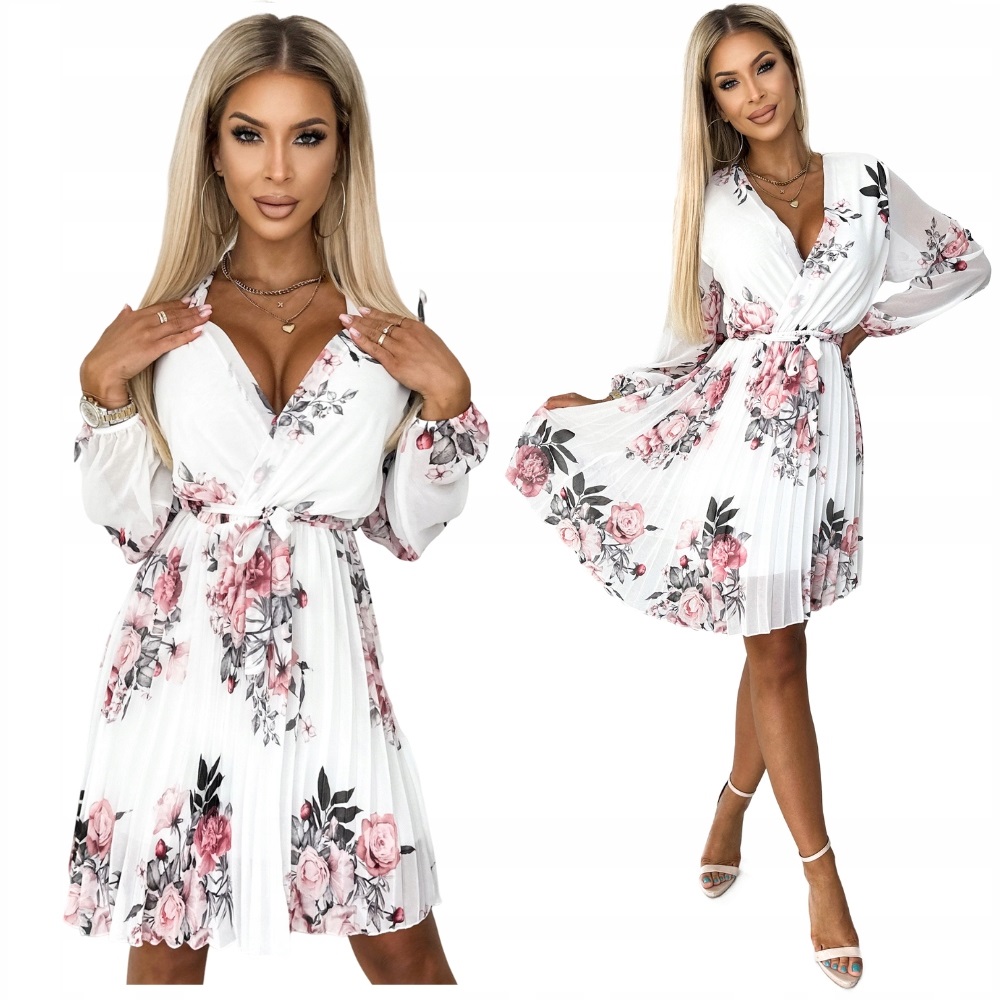 Šaty Dámské Elegantní S Páskem Jarní Bílé s květinami Polský Výrobek