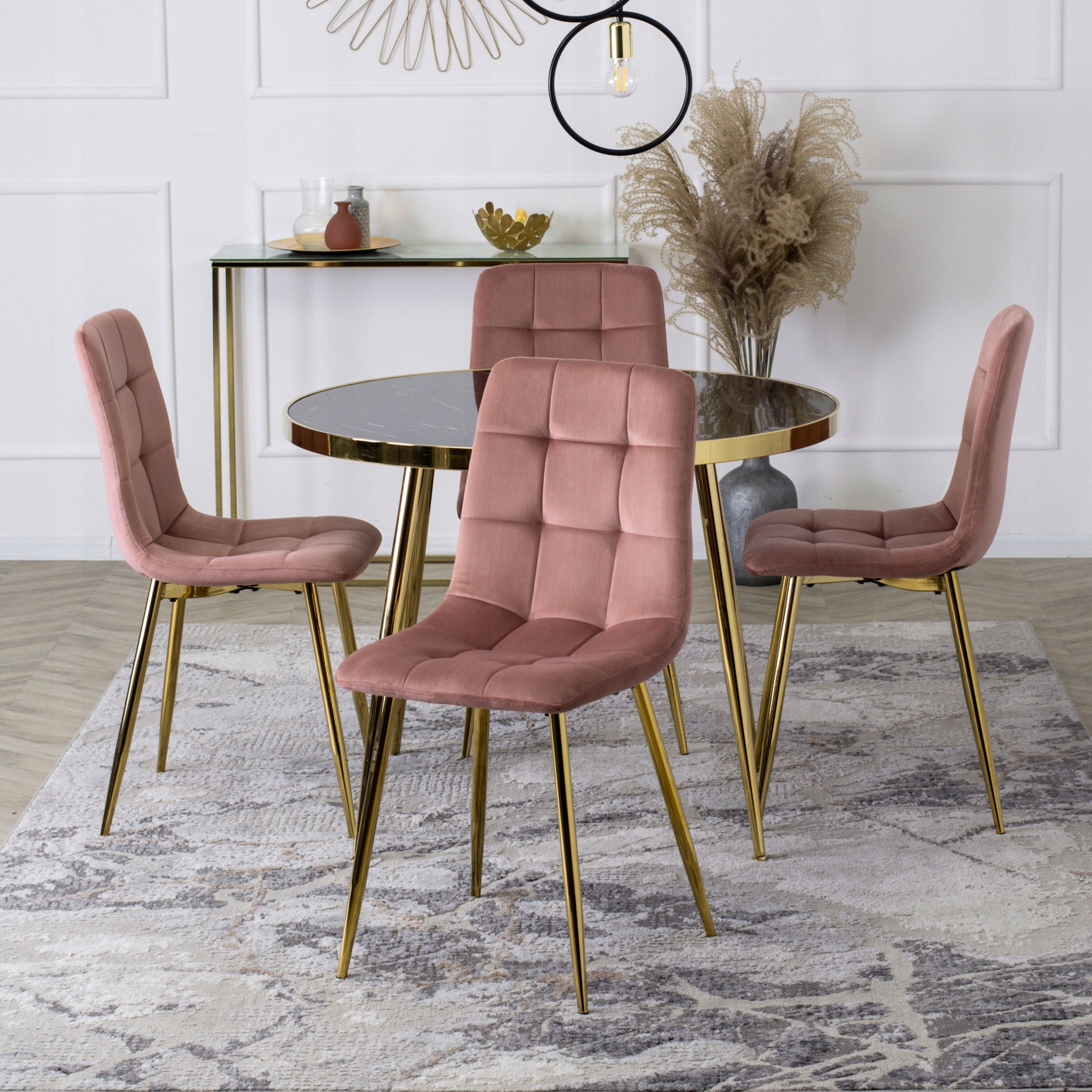 Krzesło Welurowe Jadalnia Glamour Złote Nogi Salon Do Toaletki Różowe YORK Głębokość siedziska 41 cm