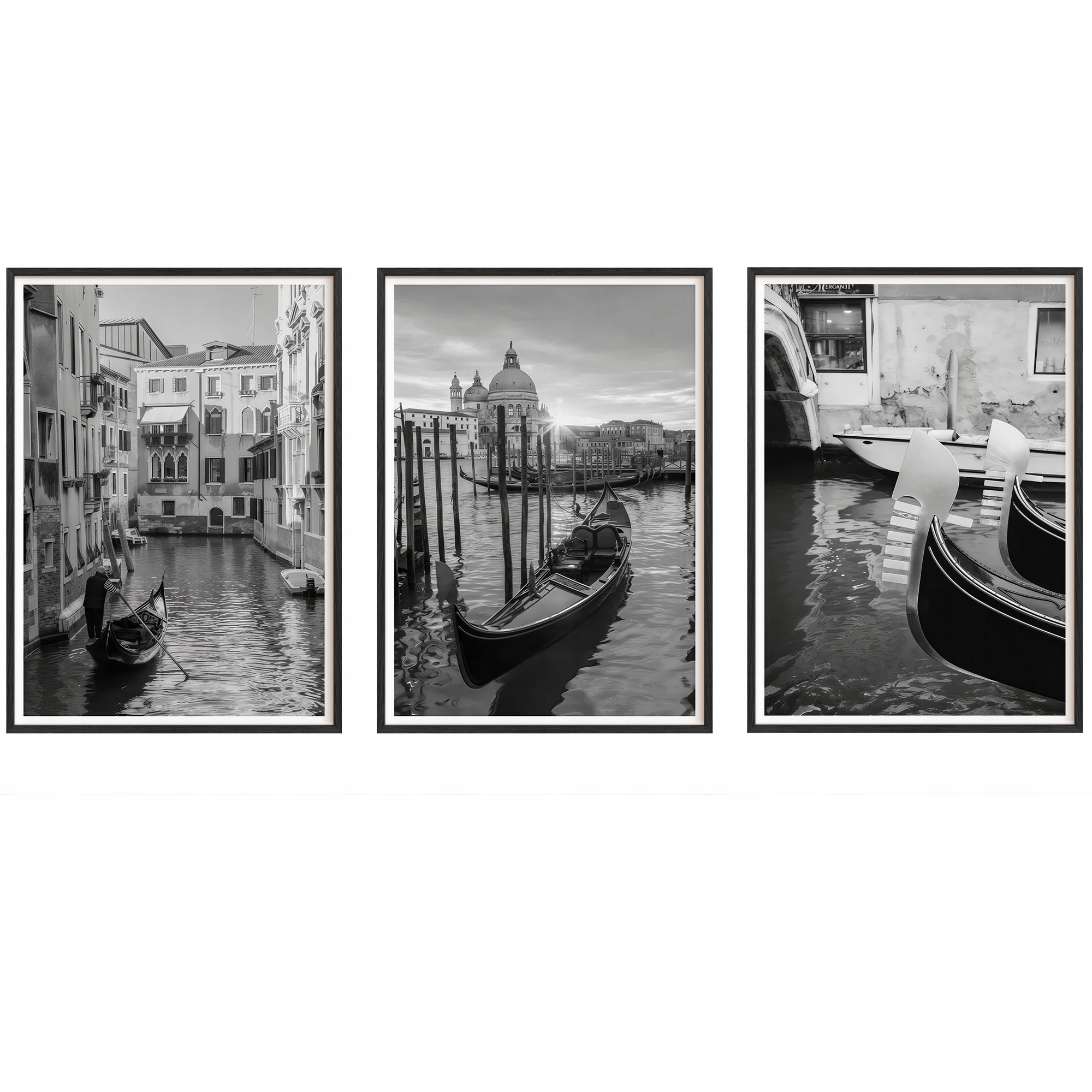 Obrazy Benátky Gondole Plagáty Rámčeky Drevené Čierne 3ks 30x42 cm