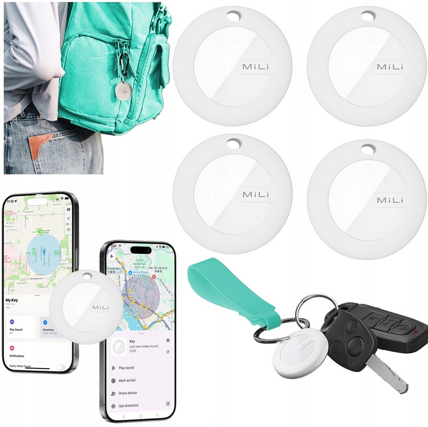 4x lokalizator GPS MiTag MiLi DUO Android iOS do plecaka kluczy bagażu
