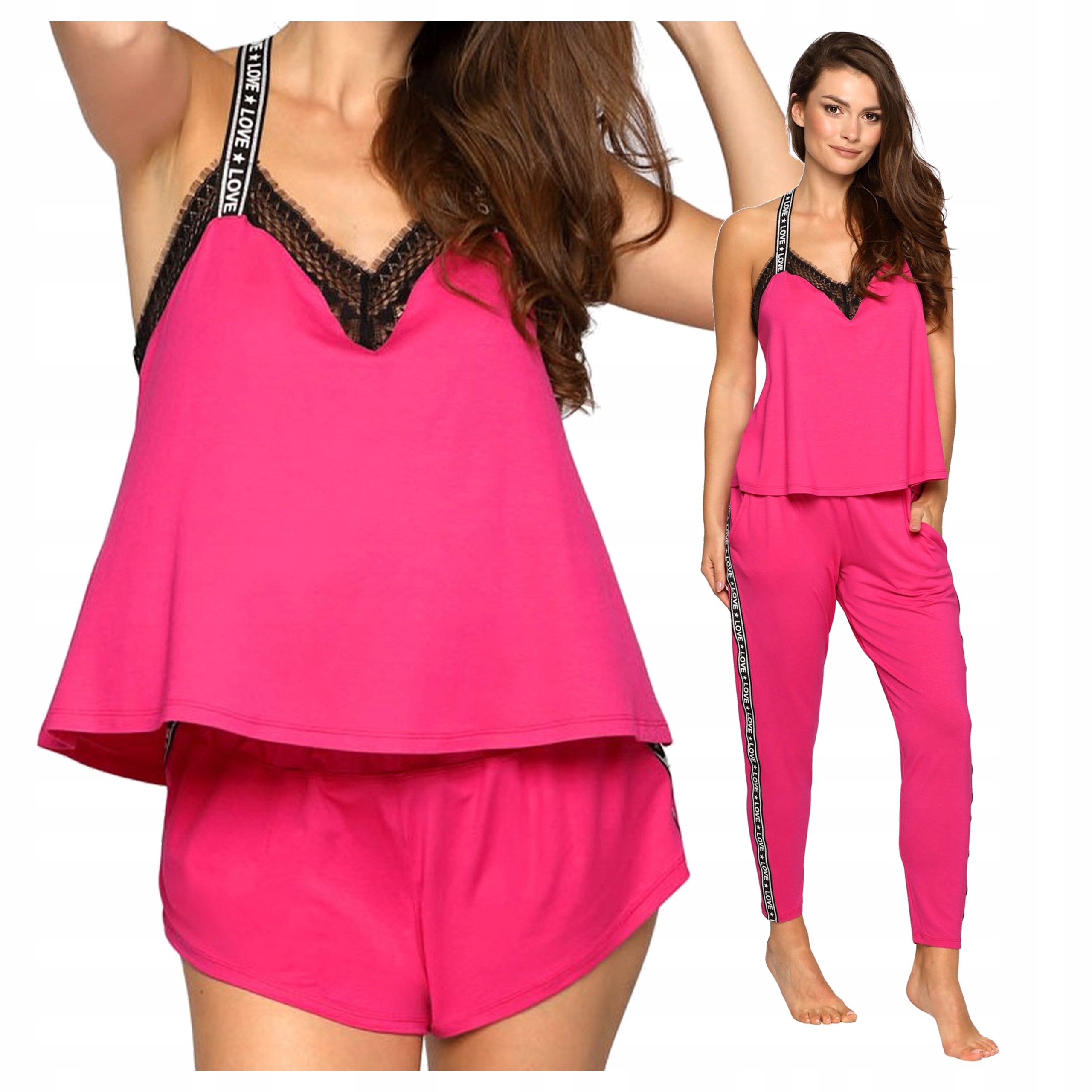 3dílné pyžamo z viskózy – halenka s dlouhým rukávem a krátké kalhoty, fuchsiová, XL