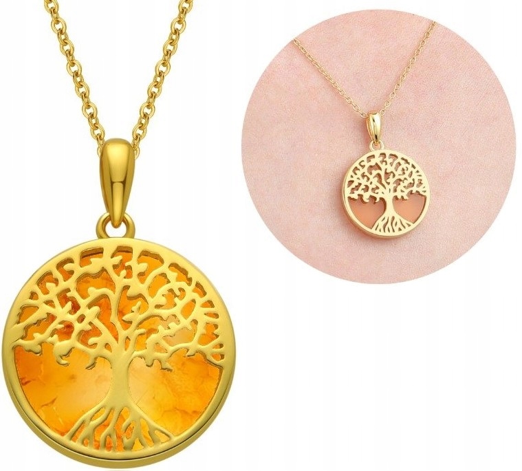 Pozlacený Náhrdelník Přírodní Jantar Řetízek Stromek Stříbro O Ryzosti 925