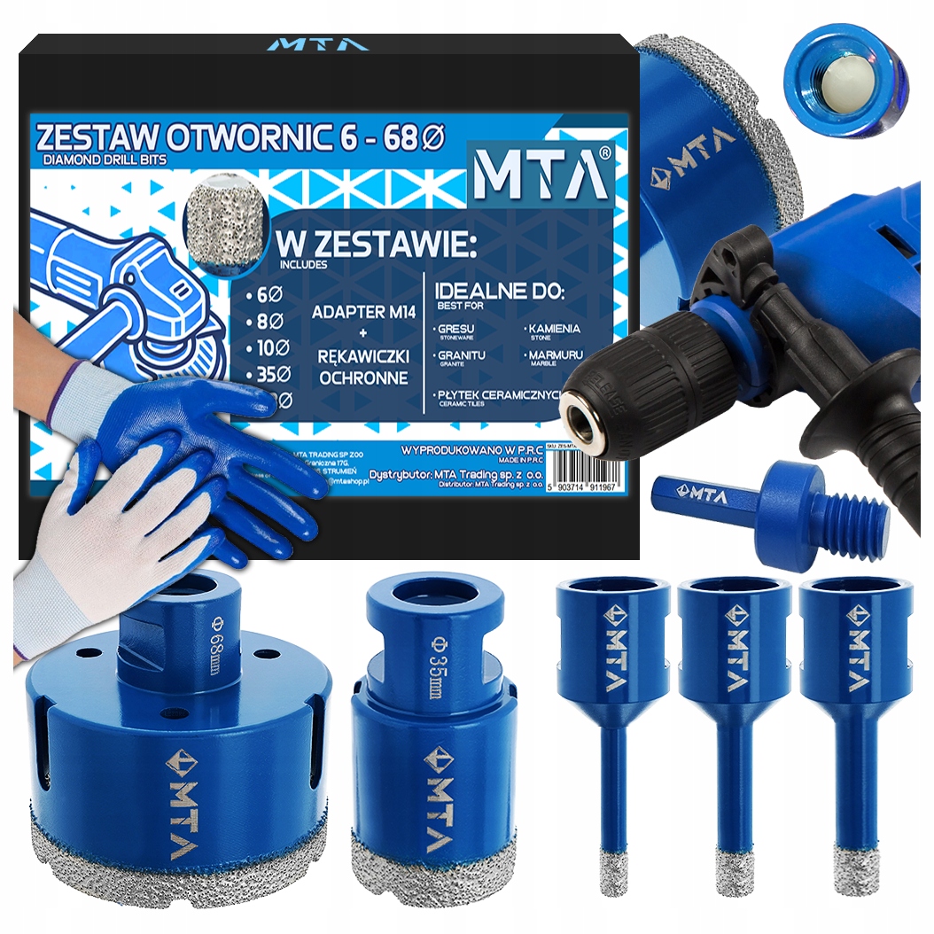 Korunkový Vrták Diamantová Korunka Pro Gres M14 Set ⌀ 6,8,10,35,68 mm Adaptér