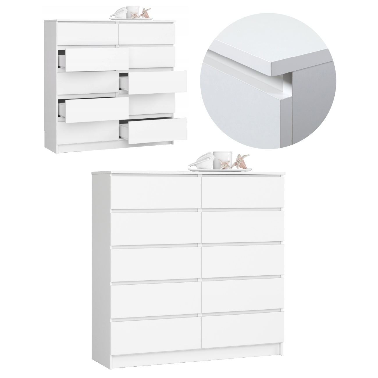 Komoda duża do salonu 120 cm 10 szuflad szafka klasyczna pojemna Biała