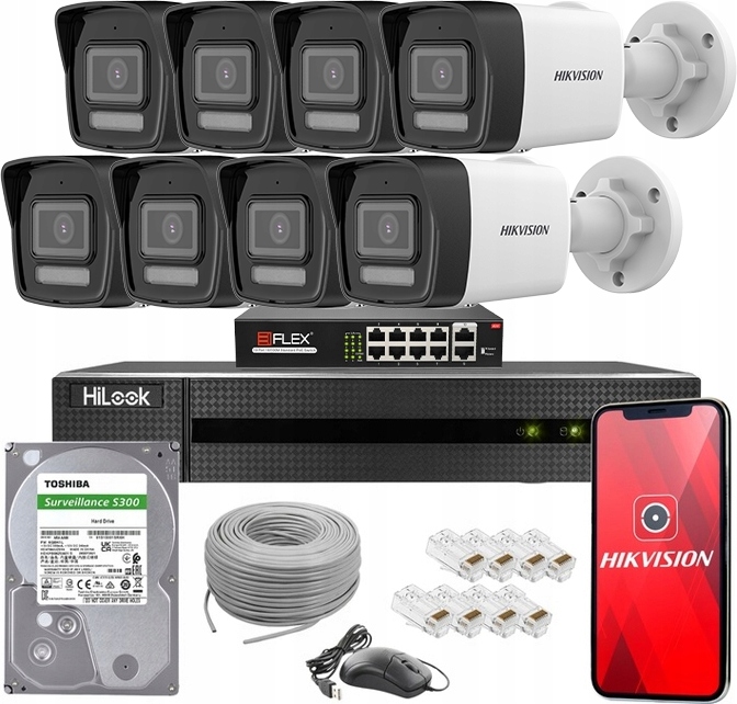 Zestaw 8 Kamer Ip Hikvision Poe DS-2CD1041G2-LIU 4Mpx Dual Led Nvr 2TB