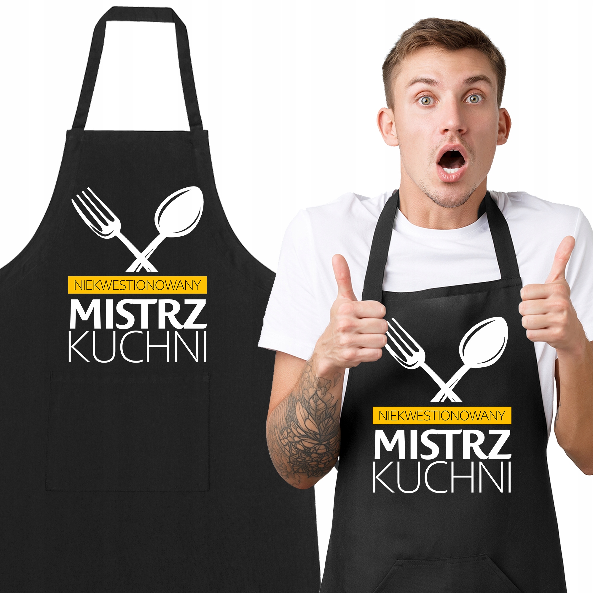 Fartuch Černý Bavlněný Mistr Kuchyně Příbor Vtipný Dárek Mix vzorů