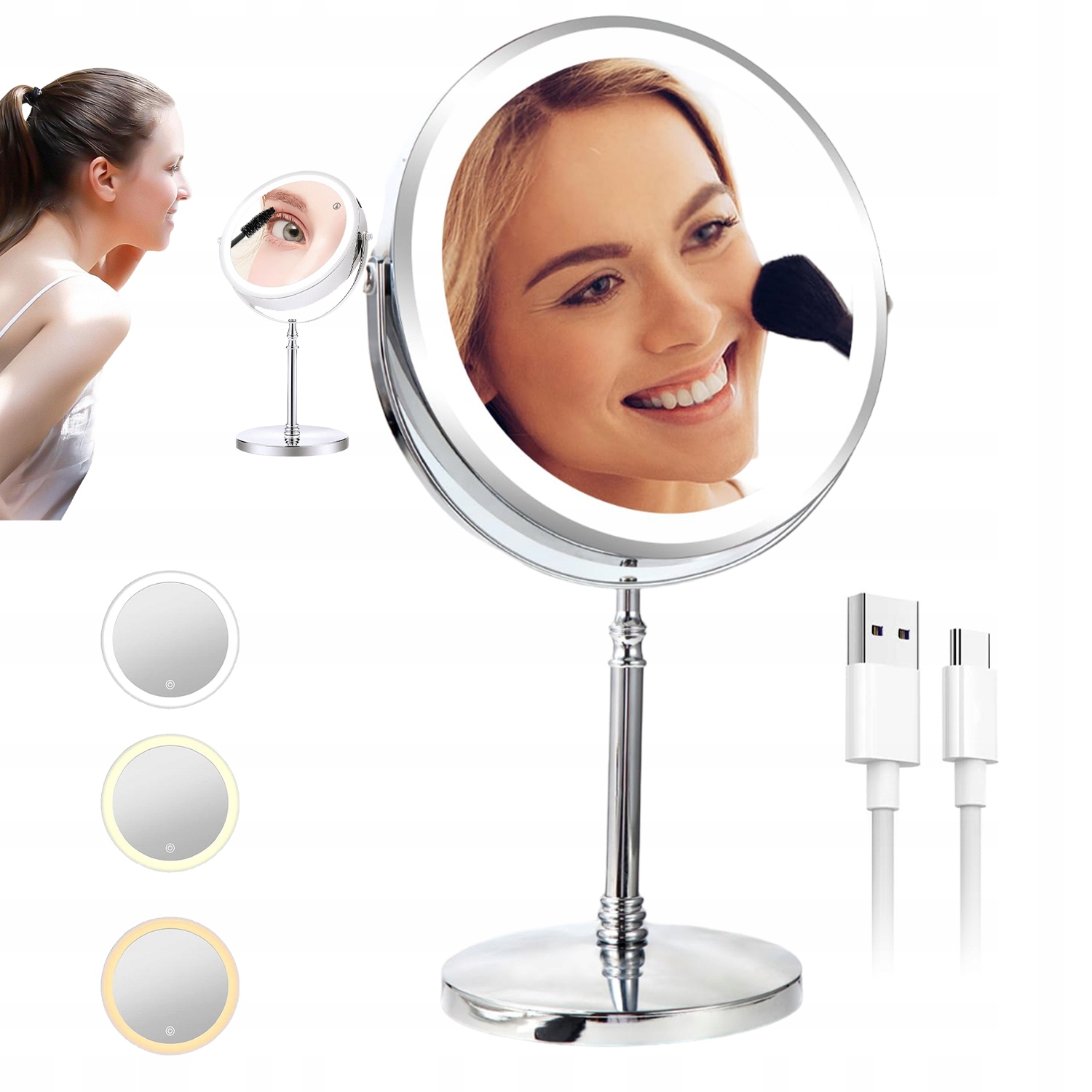 Kosmetické podsvícené Led zrcátko na líčení, otočné, oboustranné