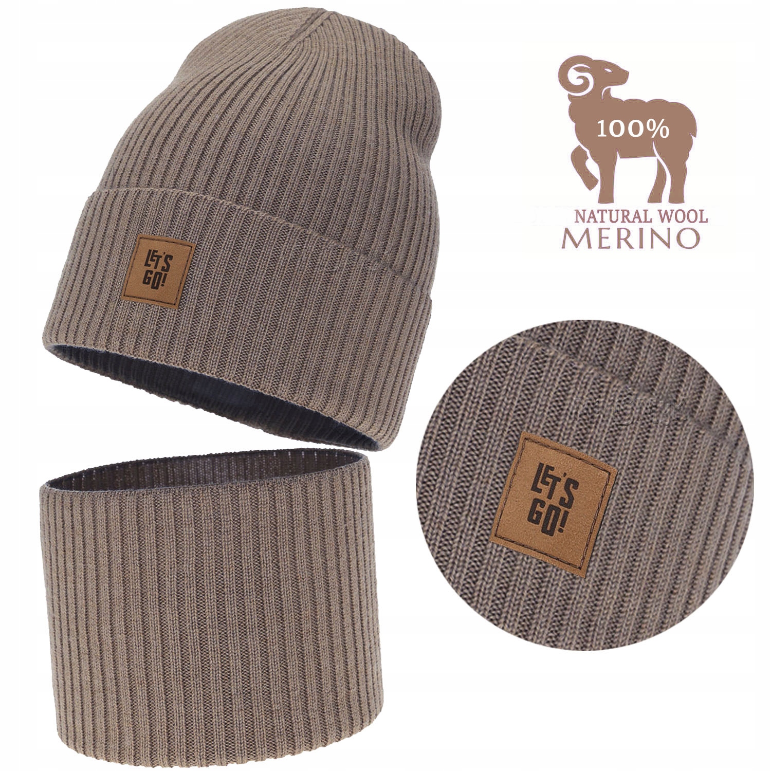 Beżowy ciemny Komplet Wełna Merino Czapka Komin jesień wiosna Prążek 54-56