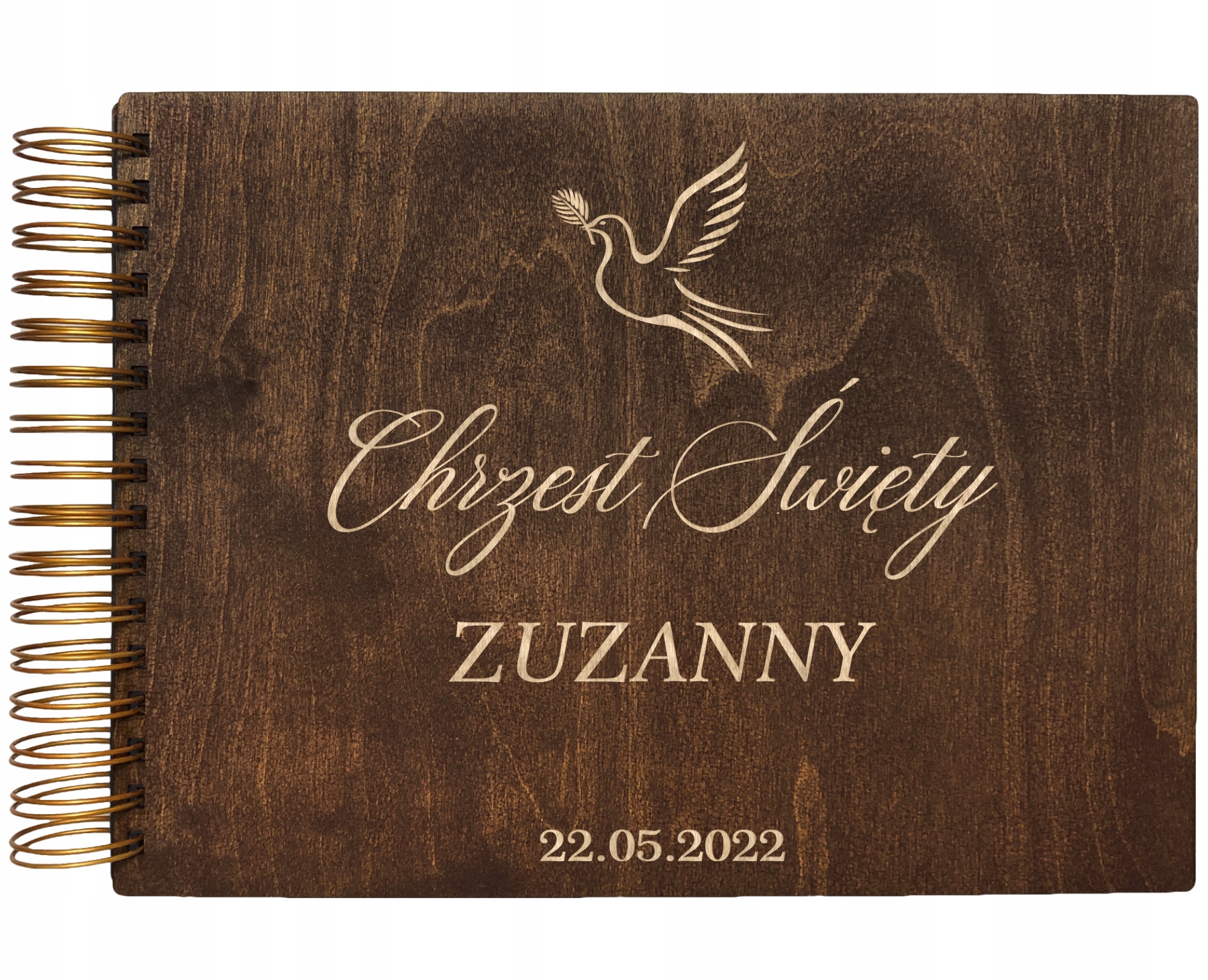 DREWNIANY ALBUM NA ZDJĘCIA CHRZEST ŚWIĘTY PREZENT PAMIĄTKA Z GRAWEREM