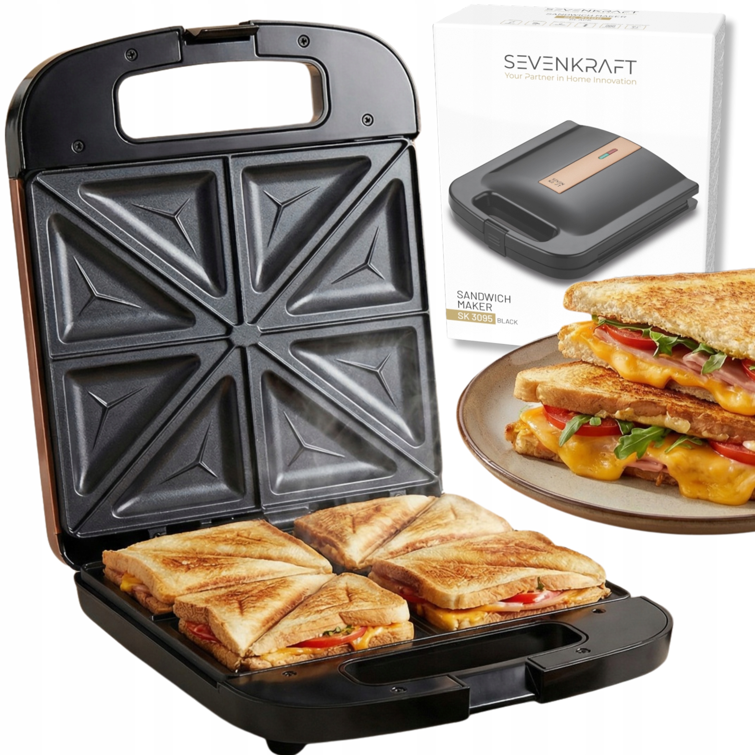 Opiekacz Do Kanapek Toster Sandwich Trójkąty 2000W Powłoka Nieprzywierająca