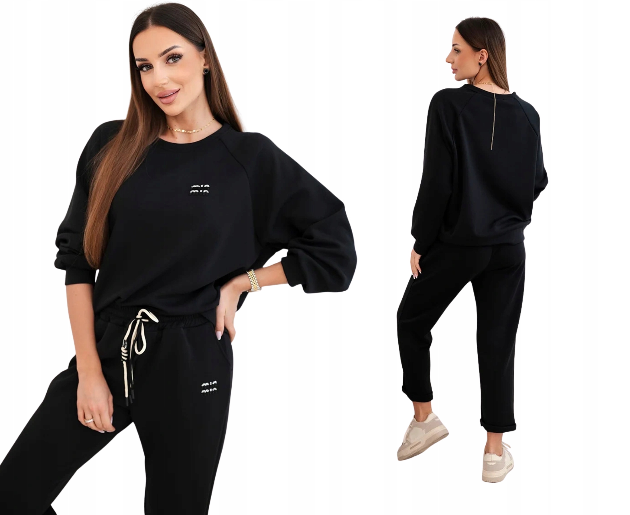 Černý dámský teplákový komplet z viskózy s ozdobnou výšivkou