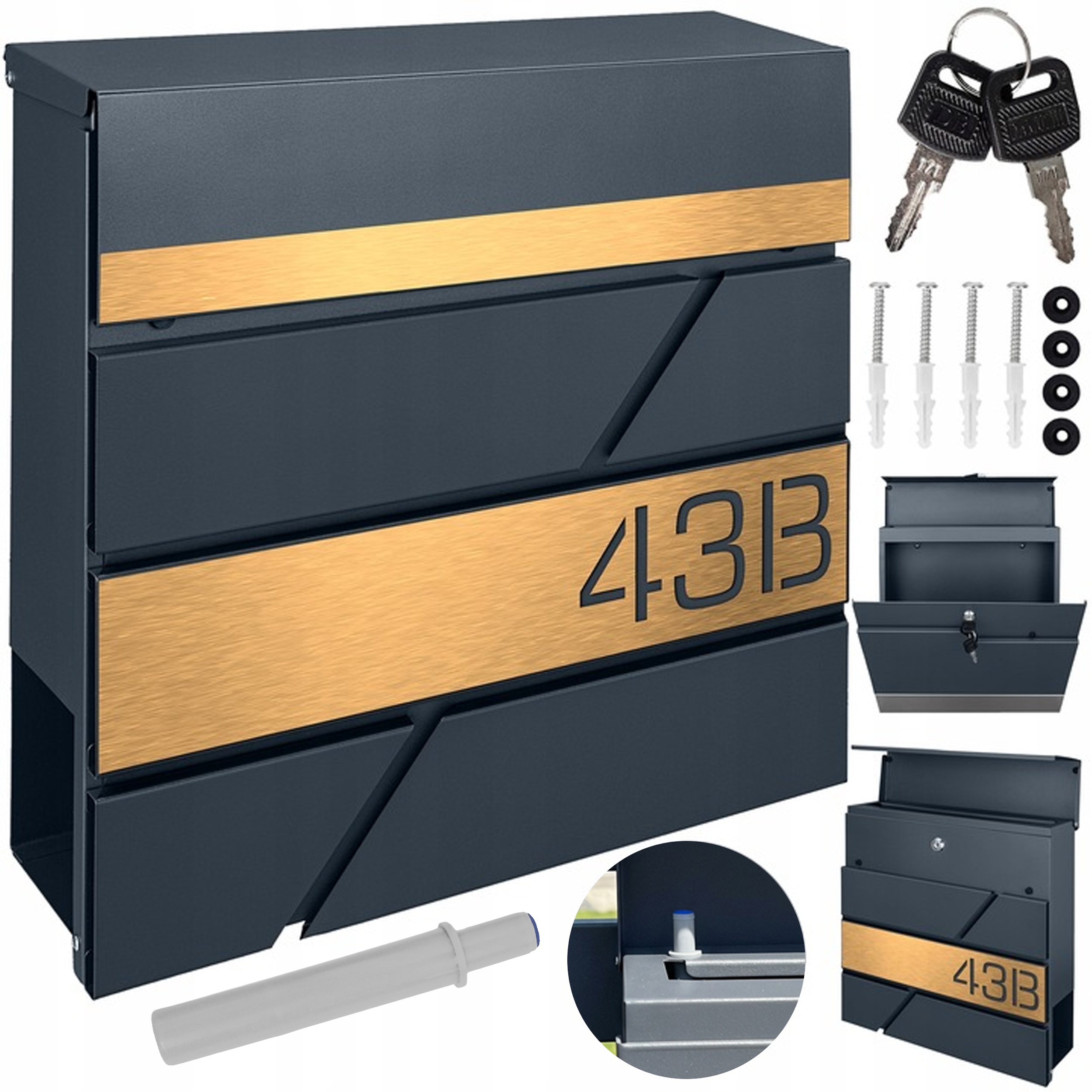 Antracitová Poštovní Schránka Na Dopisy Se Zlatým Laserem Vyřezaným Číslem