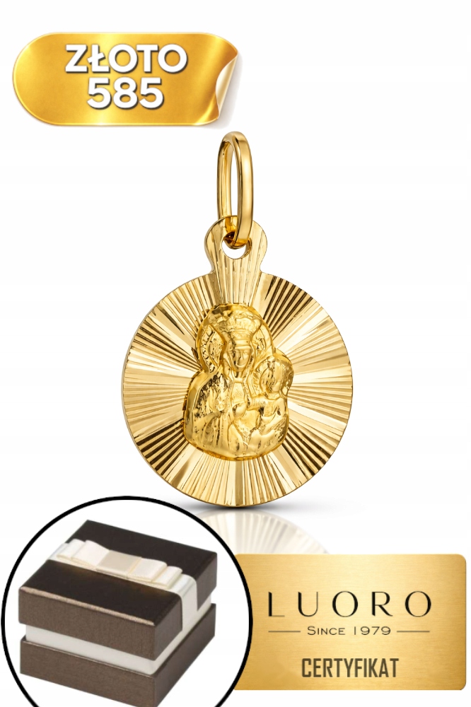 Zlatý Medailon 585 14K Panna Maria Čenstochovská Kolečko Paprsky 18,6 MM
