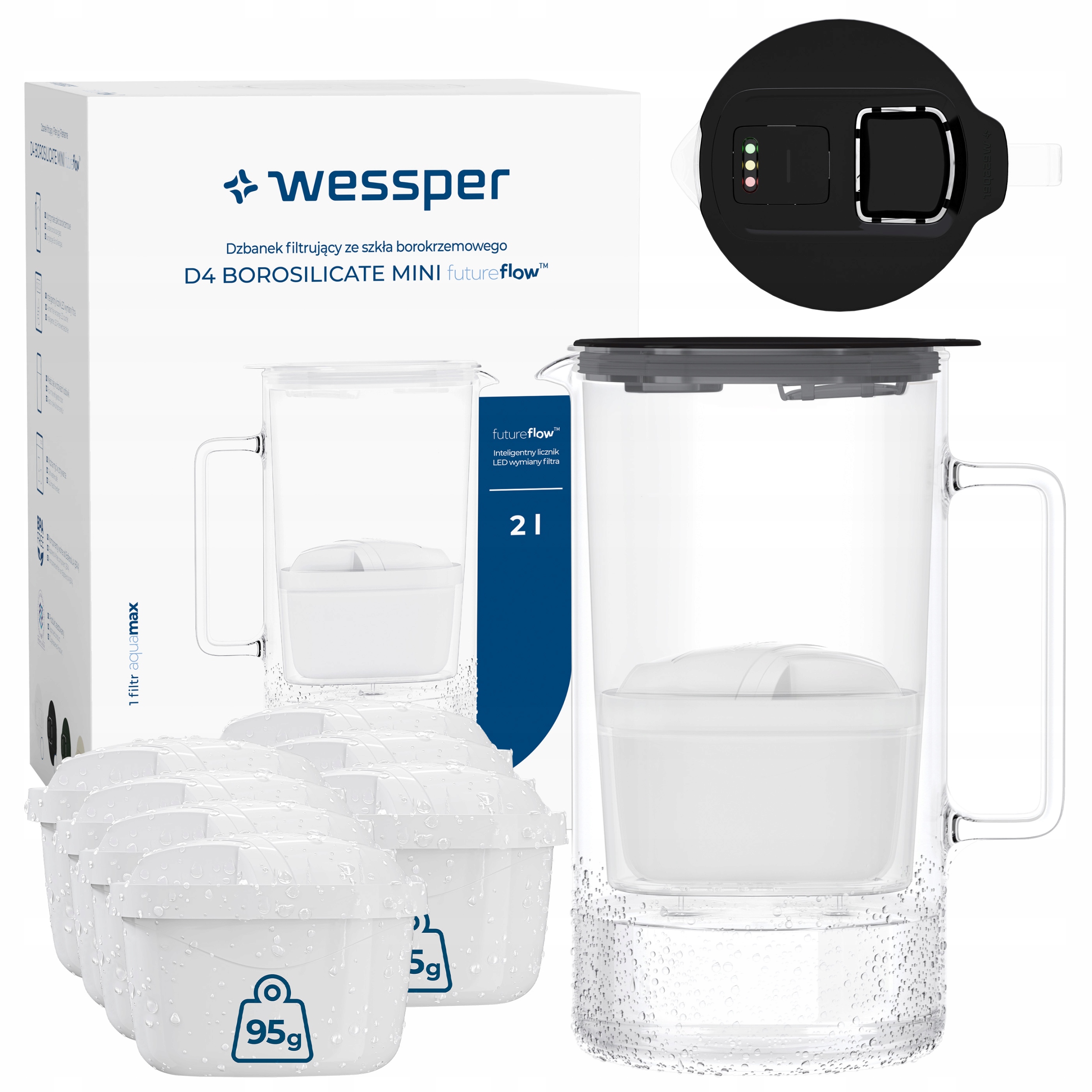 Skleněná filtrační konvice Wessper D4 Borosilicate Mini 2 l 8 x filtr