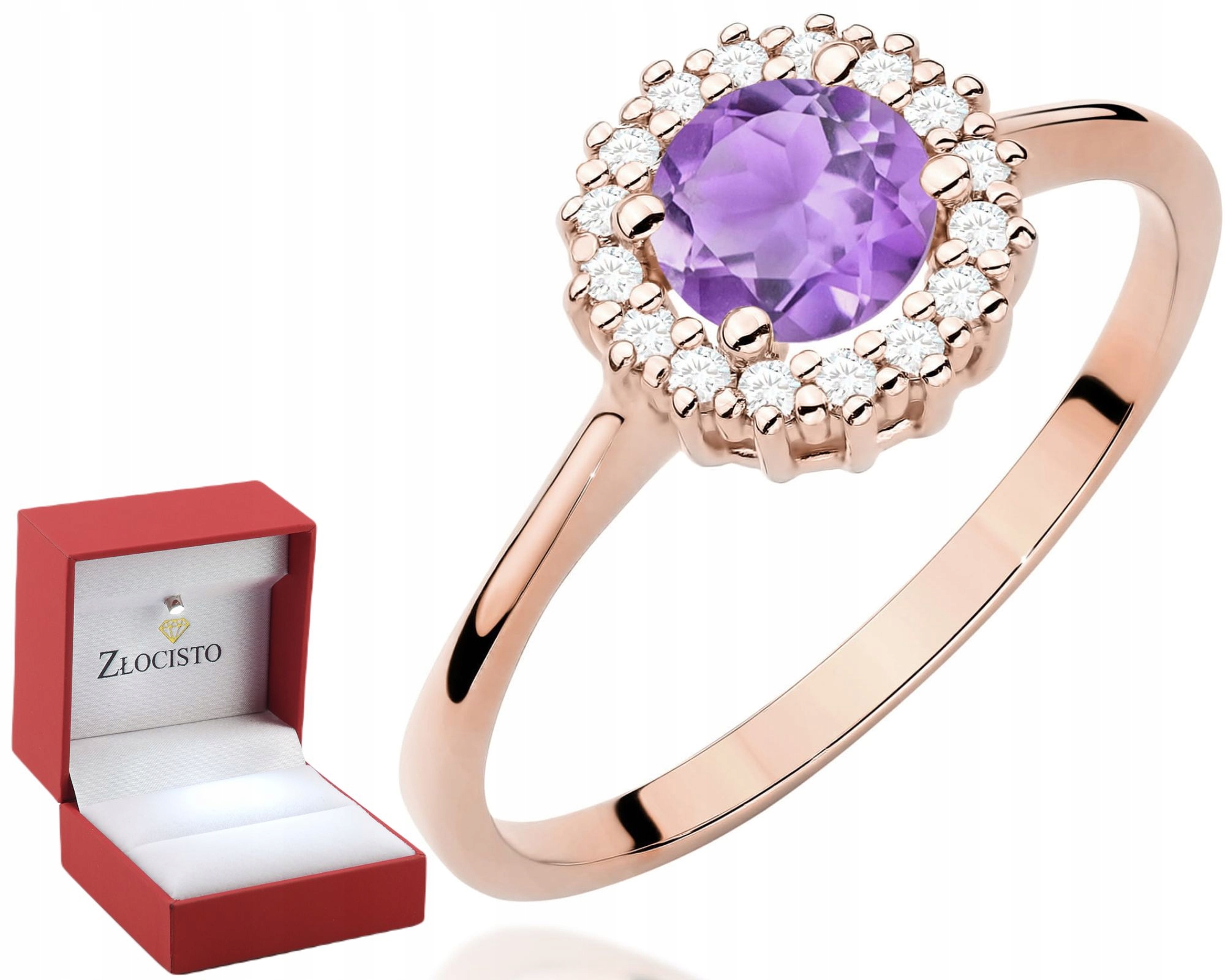 Růžové Zlato Prstýnek Ametyst Diamanty Gravírování Bonus 585 Dárek