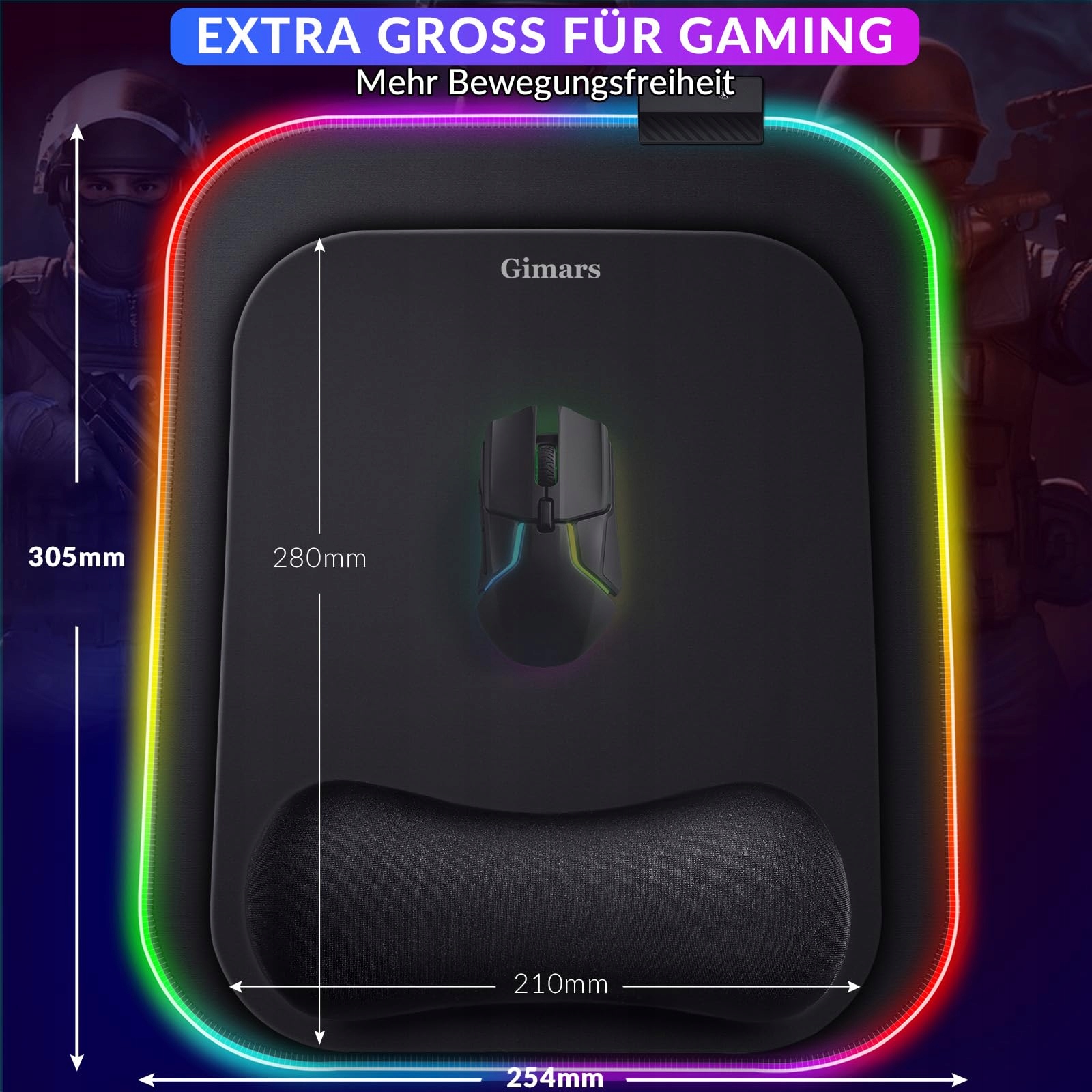 GIMARS Podkładka Pod Mysz RGB Gaming Z Podpórką Ergonomiczna Antypoślizgowa — miniatura 2